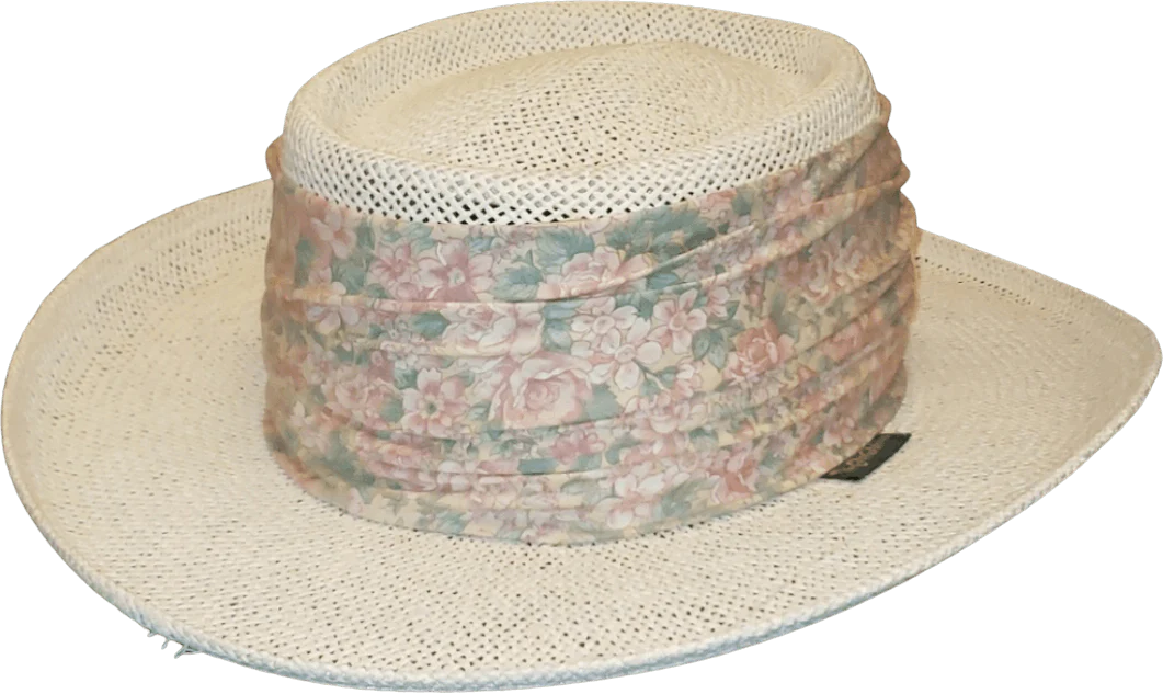 White Straw Sun Hat with Floral Sash by Chi Chi