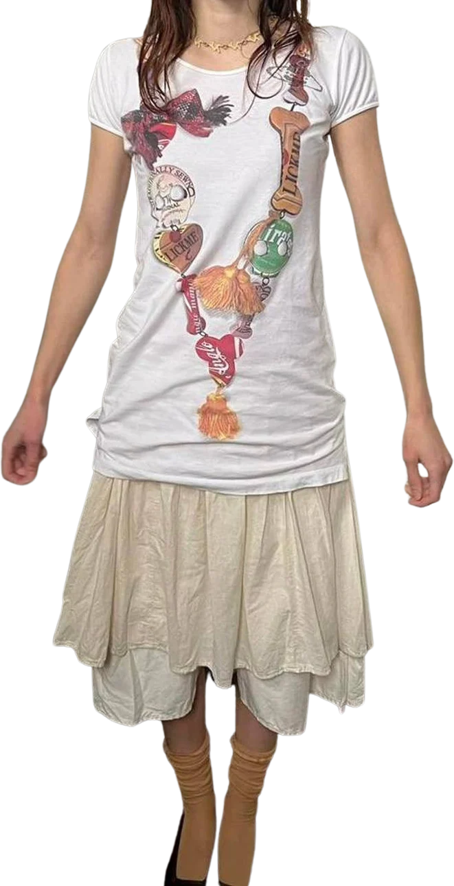 White Trinket Necklace Print Trompe L’oiel Long Top / Short Dress by Vivienne Westwood