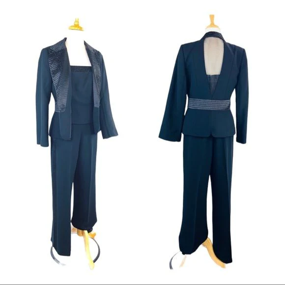 Womens 3 Piece Tuxedo Crystal Embellished Pants Jacket and Top Set Formal Black by JS Collections - Image 11