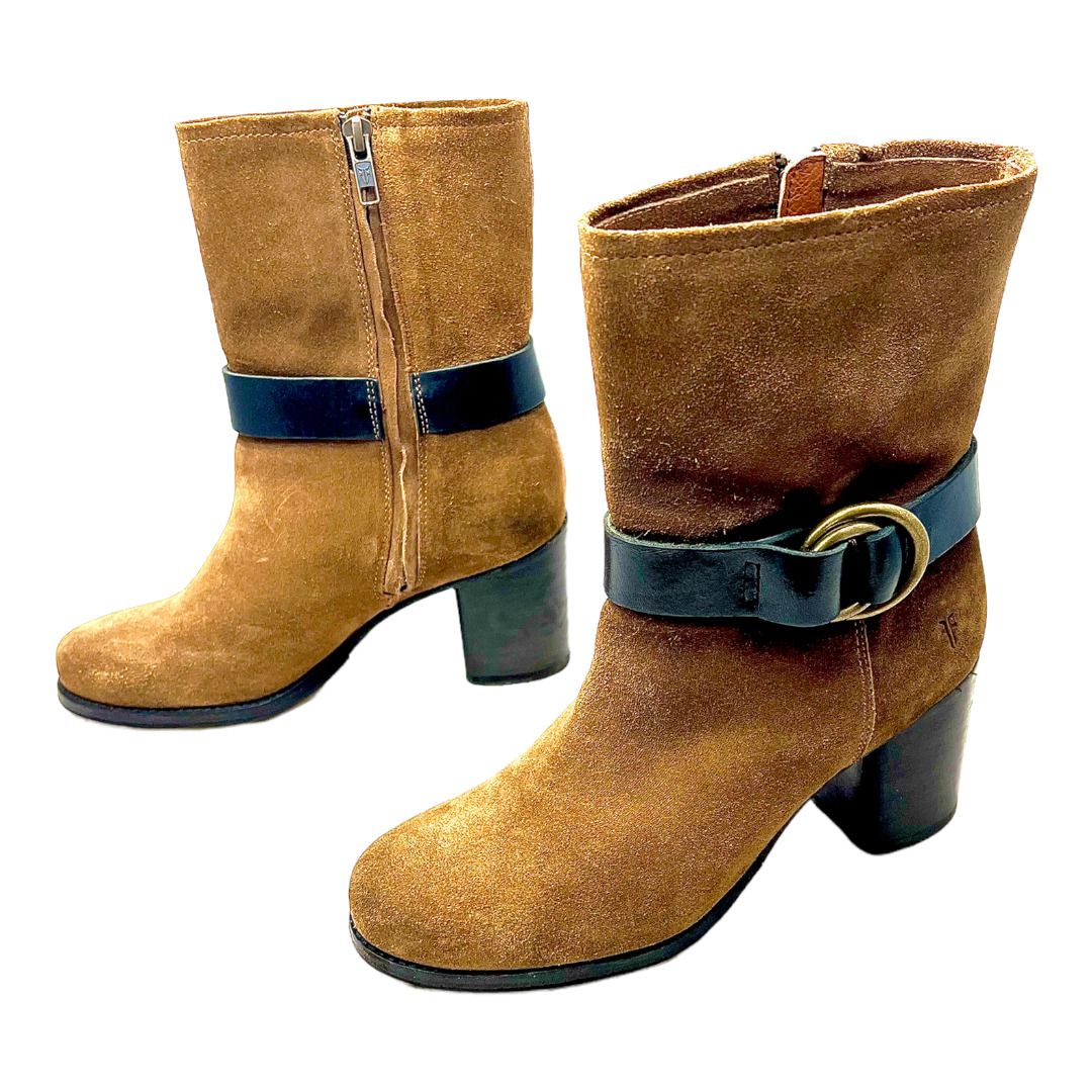 Womens Addie Harness Mid Chestnut Suede Fashion Boots Brass Hardware Sz 7b by Frye - Image 6