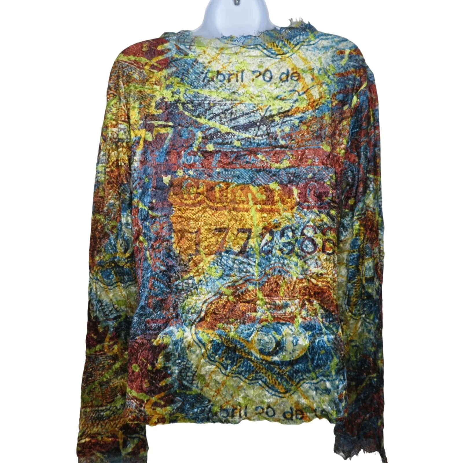 Womens Multicolor Crushed Velvet Tee Top L Lace Neck and Sleeve Hem Pullover - Image 2