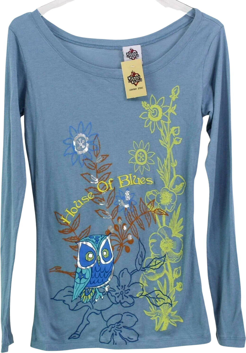 Womens T-Shirt Blue Yellow Owl Floral Long Sleeve Scoop Cotton by House Of Blues