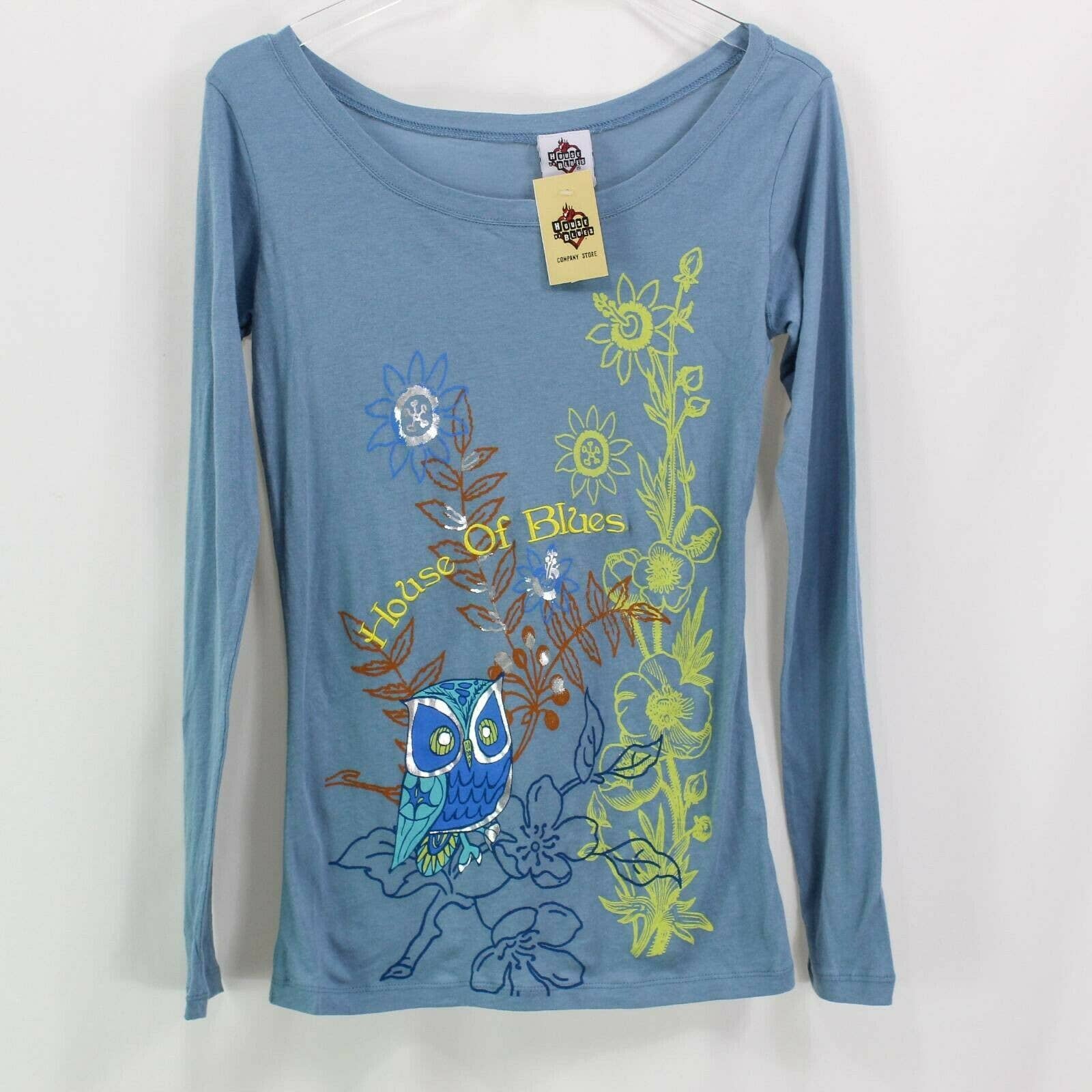 Womens T-Shirt Blue Yellow Owl Floral Long Sleeve Scoop Cotton by House Of Blues - Image 4