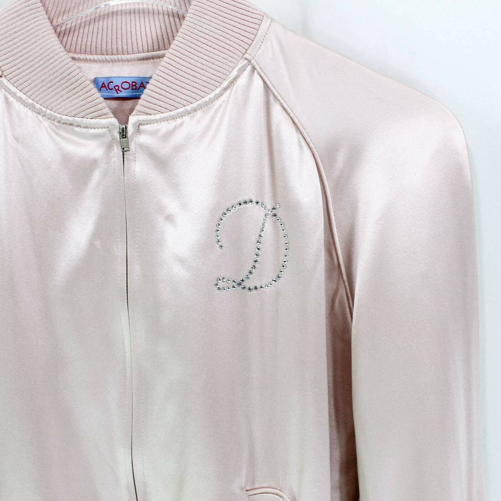 Womens Track Jacket Pink Silk Waist Length Zip Up Rhinestone "d" Lined by Acrobat - Image 4