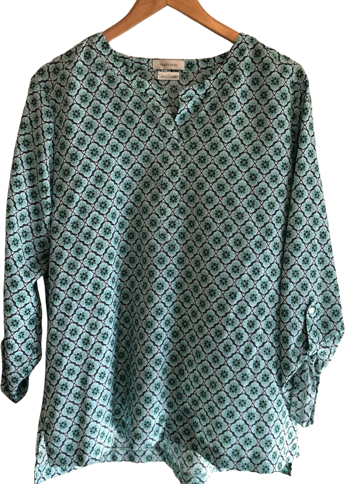 Womens Tunic Blouse Large Blue Green Casual Floral Spring Lightweight by Van Heusen