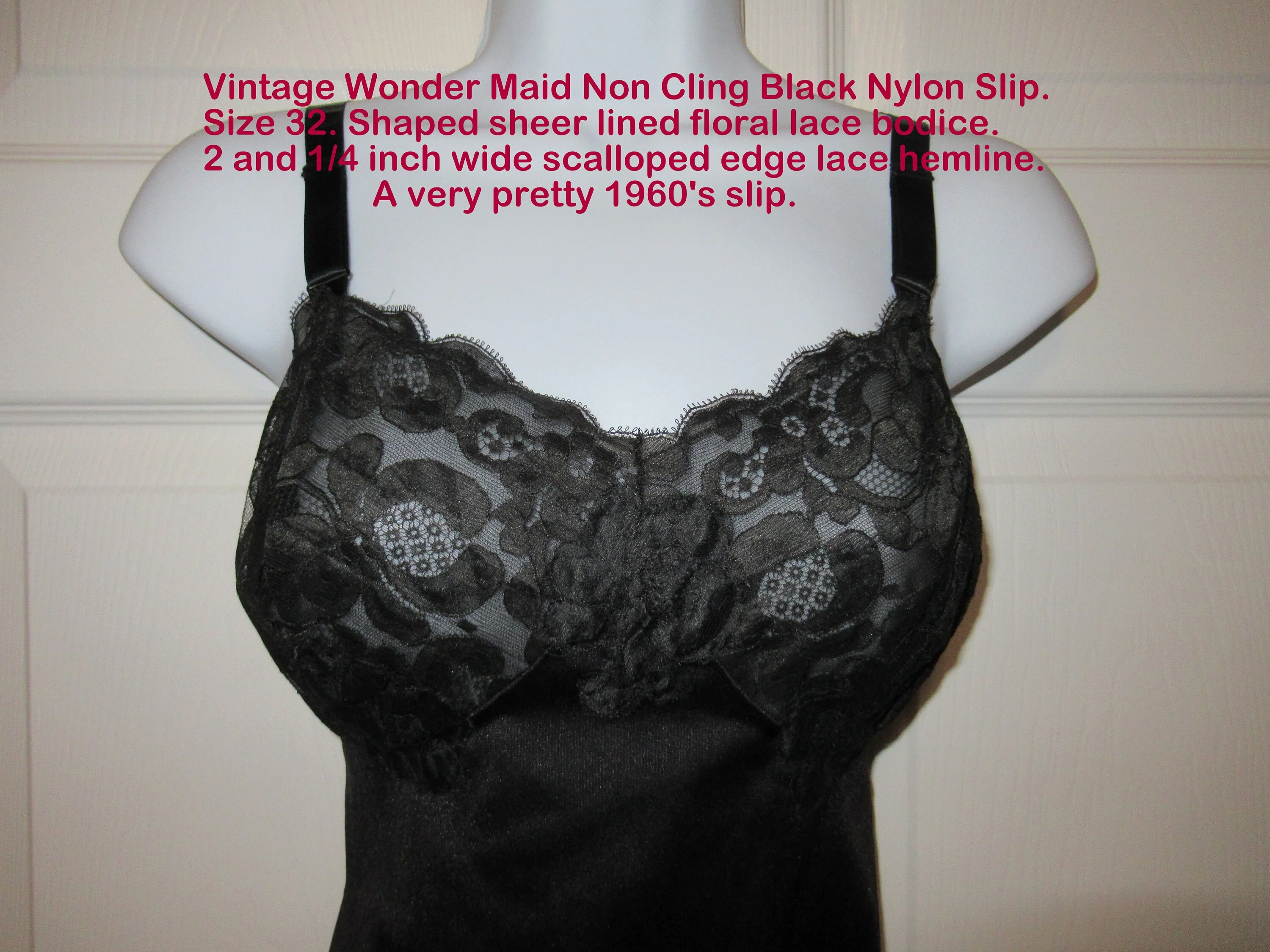 Wonder Maid Slip Non Cling Black Nylon Shaped Sheer Lined Floral Lace Bodice Lace Hemline Very Pretty 60s Vintage by Wonder Maid - Image 3