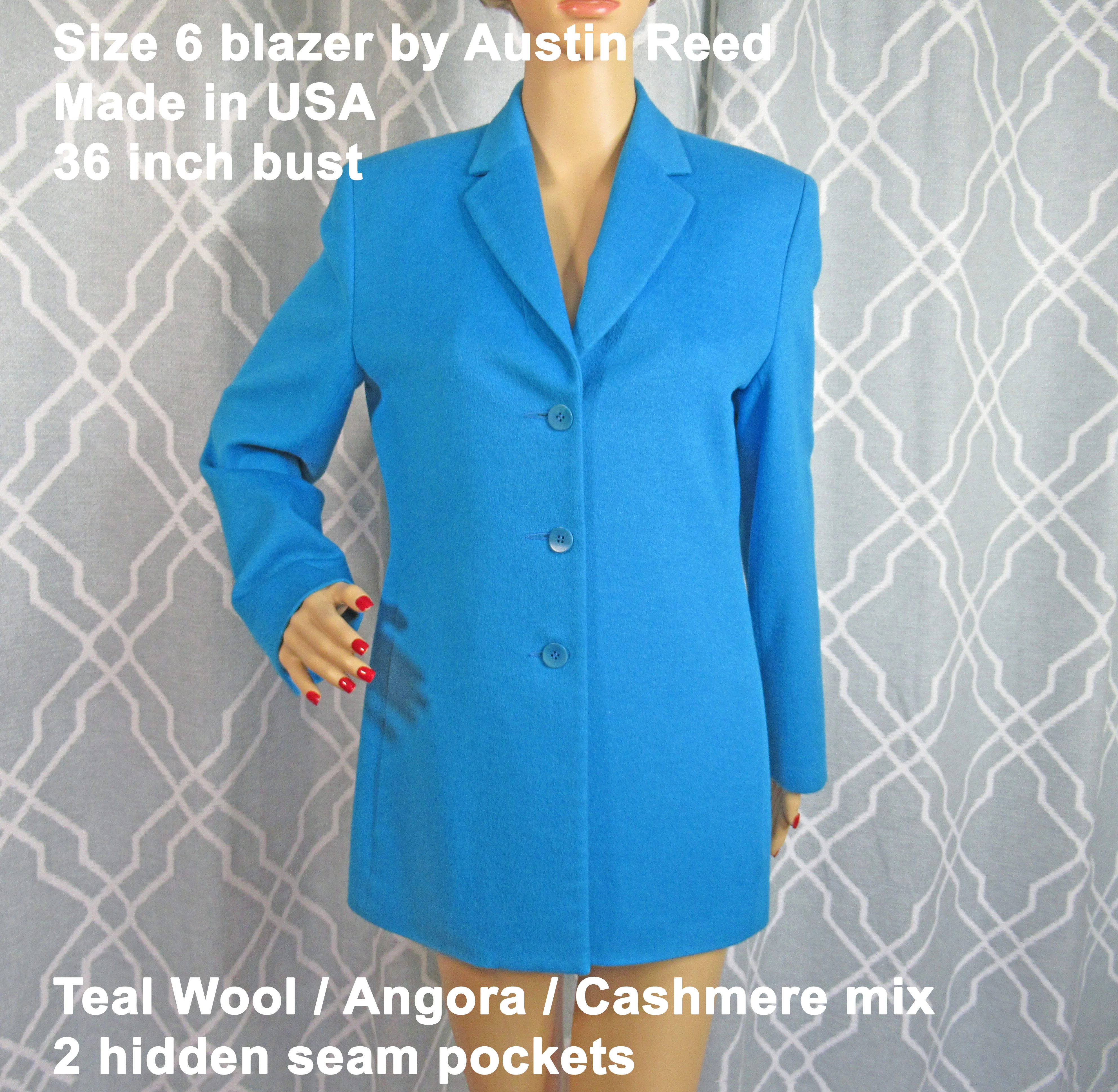 Wool Angora, Cashmere Bright Teal Sz 6 Blazer By Austin Reed - Image 5