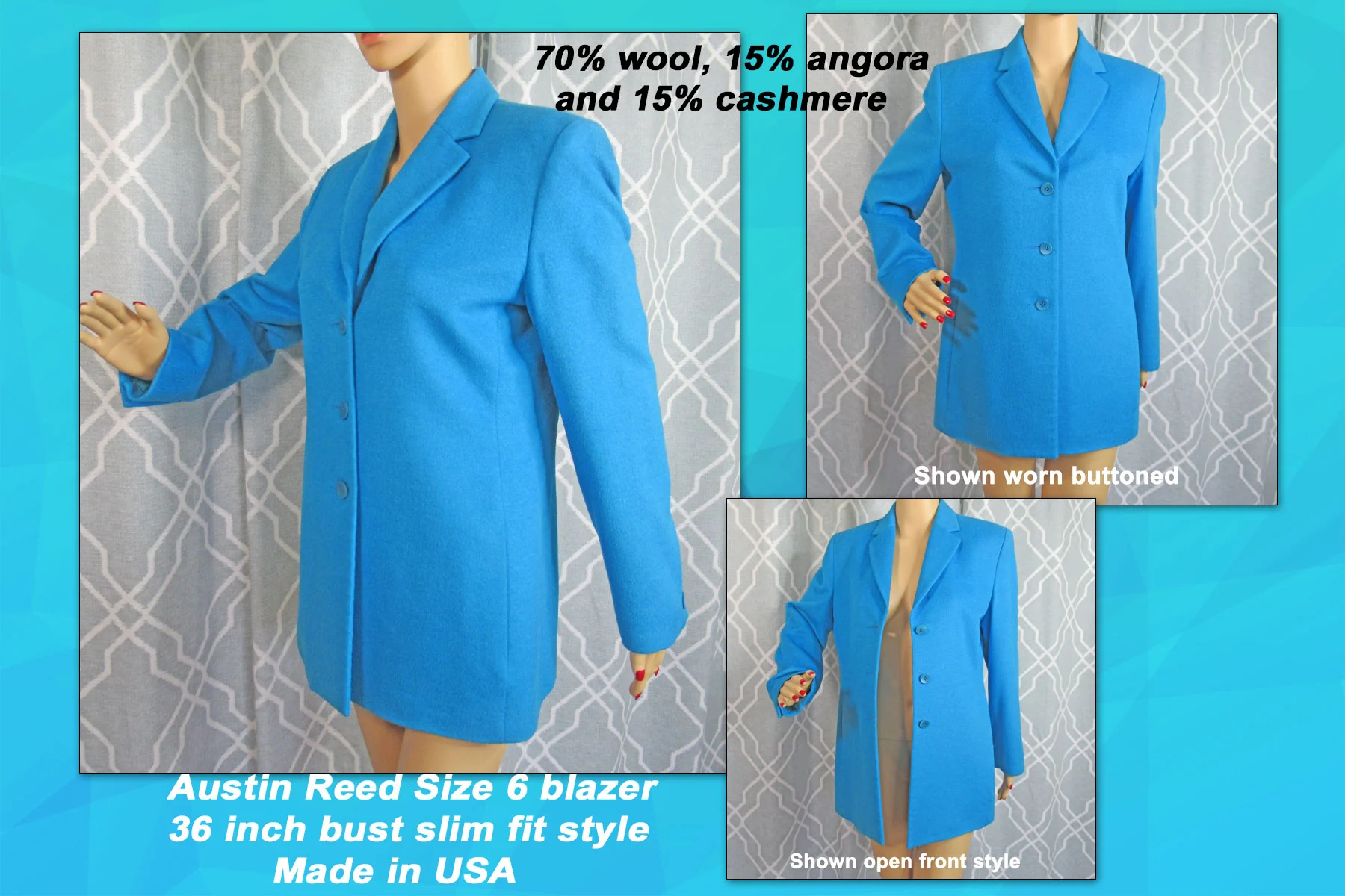 Wool Angora, Cashmere Bright Teal Sz 6 Blazer By Austin Reed - Image 7