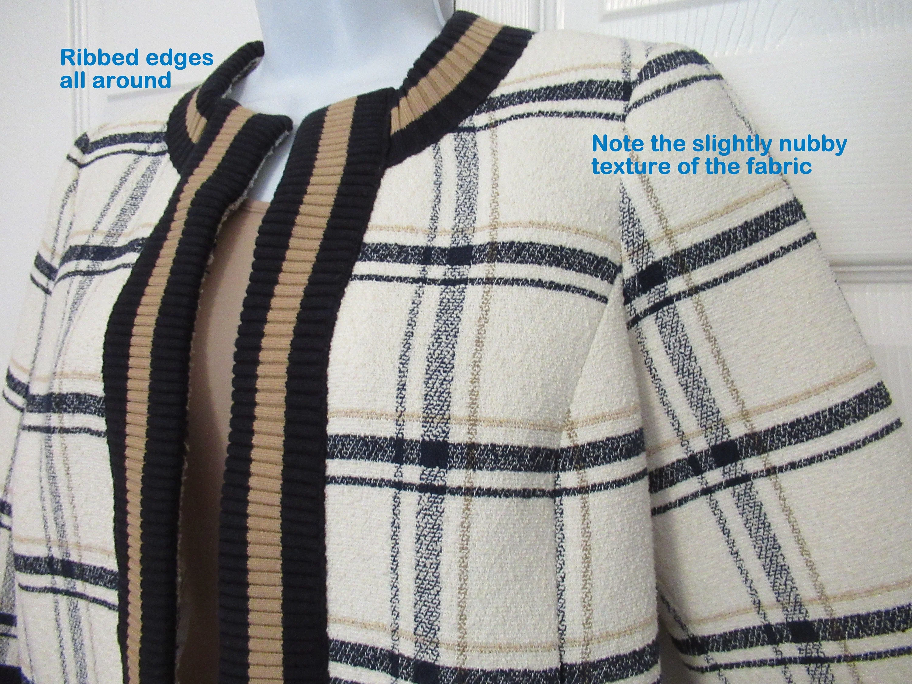 Worth Blazer White Black and Beige Plaid Knit Ribbed Trim Edges Fully Lined Cotton Poly Viscose Acrylic Vintage by Worth - Image 7
