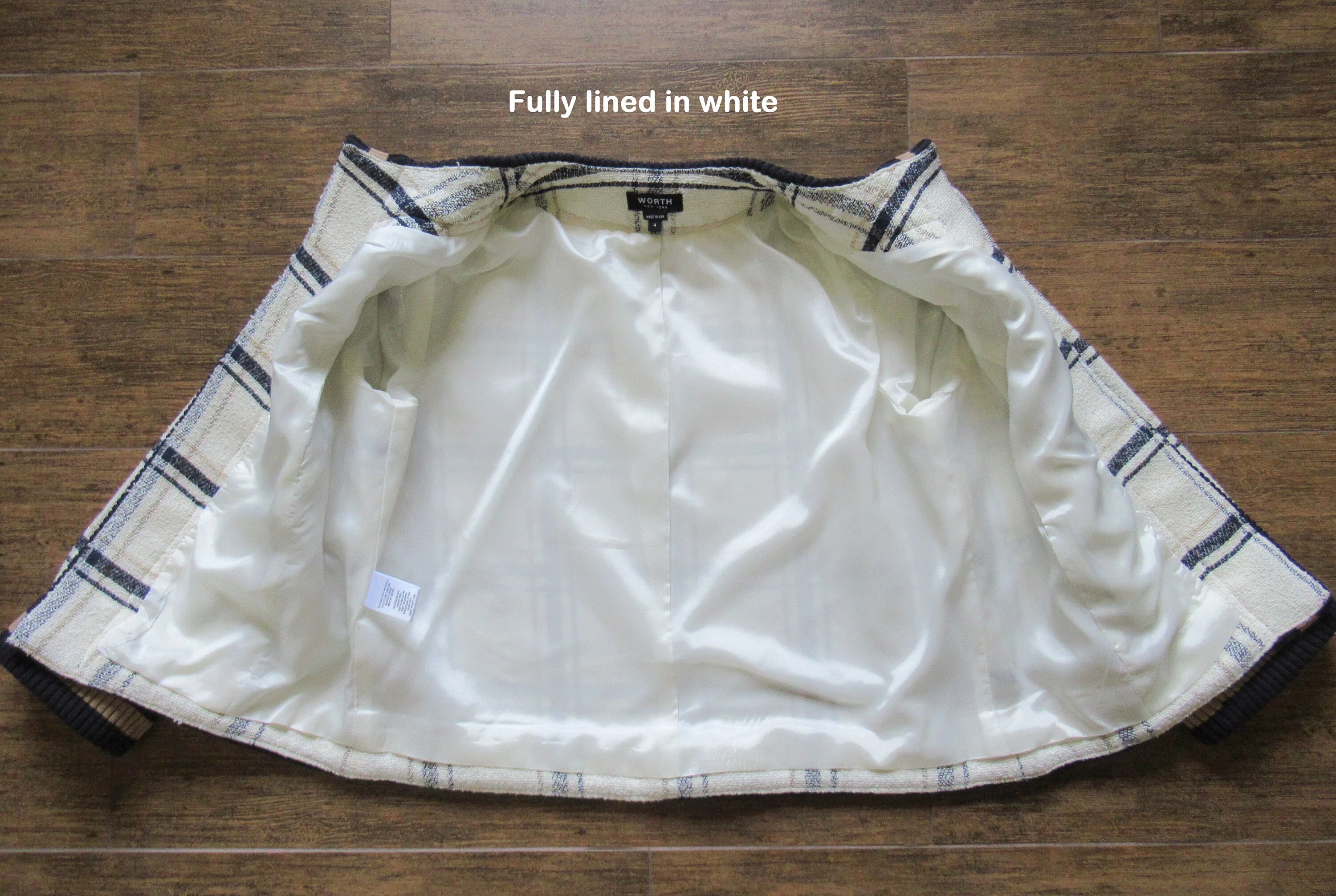 Worth Blazer White Black and Beige Plaid Knit Ribbed Trim Edges Fully Lined Cotton Poly Viscose Acrylic Vintage by Worth - Image 9