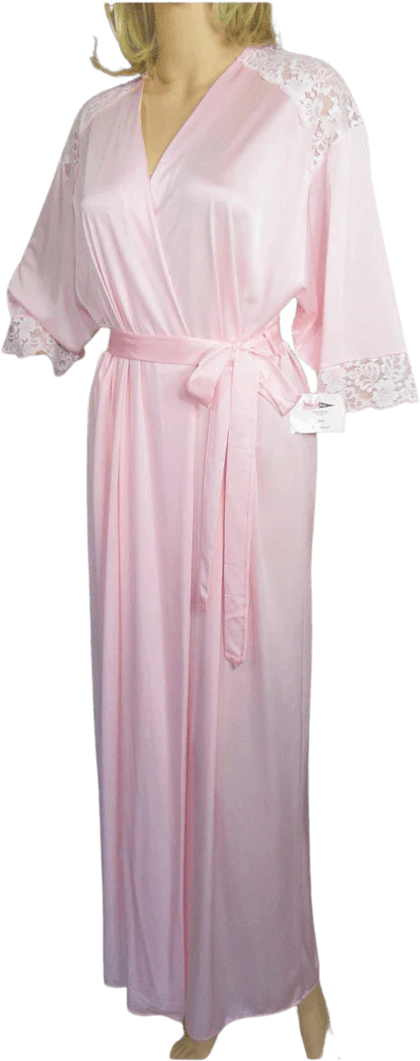 Wrap Front Robe 1998 Pastel Pink Shadowline Nylon Beautiful Floral Lace Shoulders and Cuffs Made Usa by Shadowline