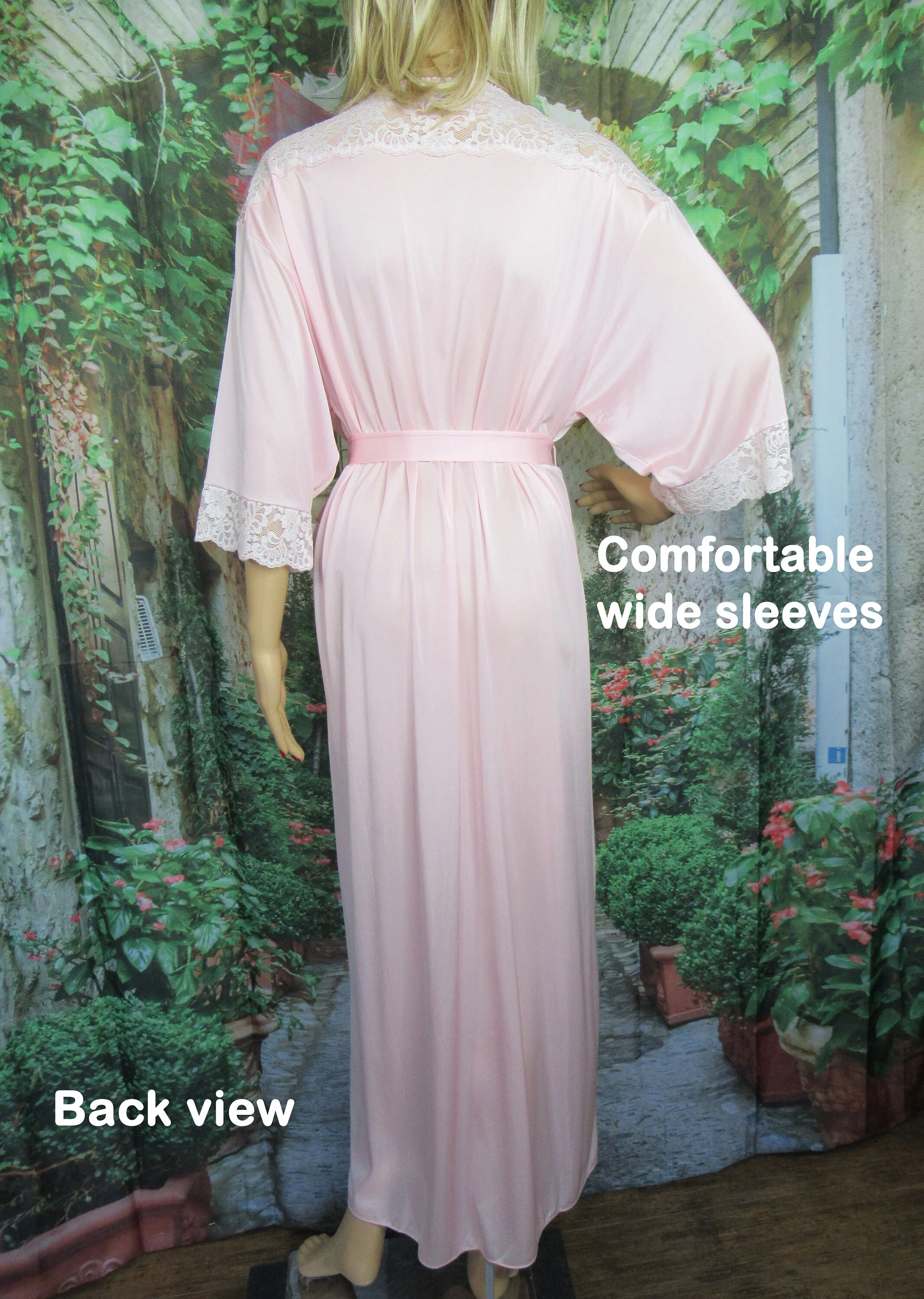 Wrap Front Robe 1998 Pastel Pink Shadowline Nylon Beautiful Floral Lace Shoulders and Cuffs Made Usa by Shadowline - Image 10