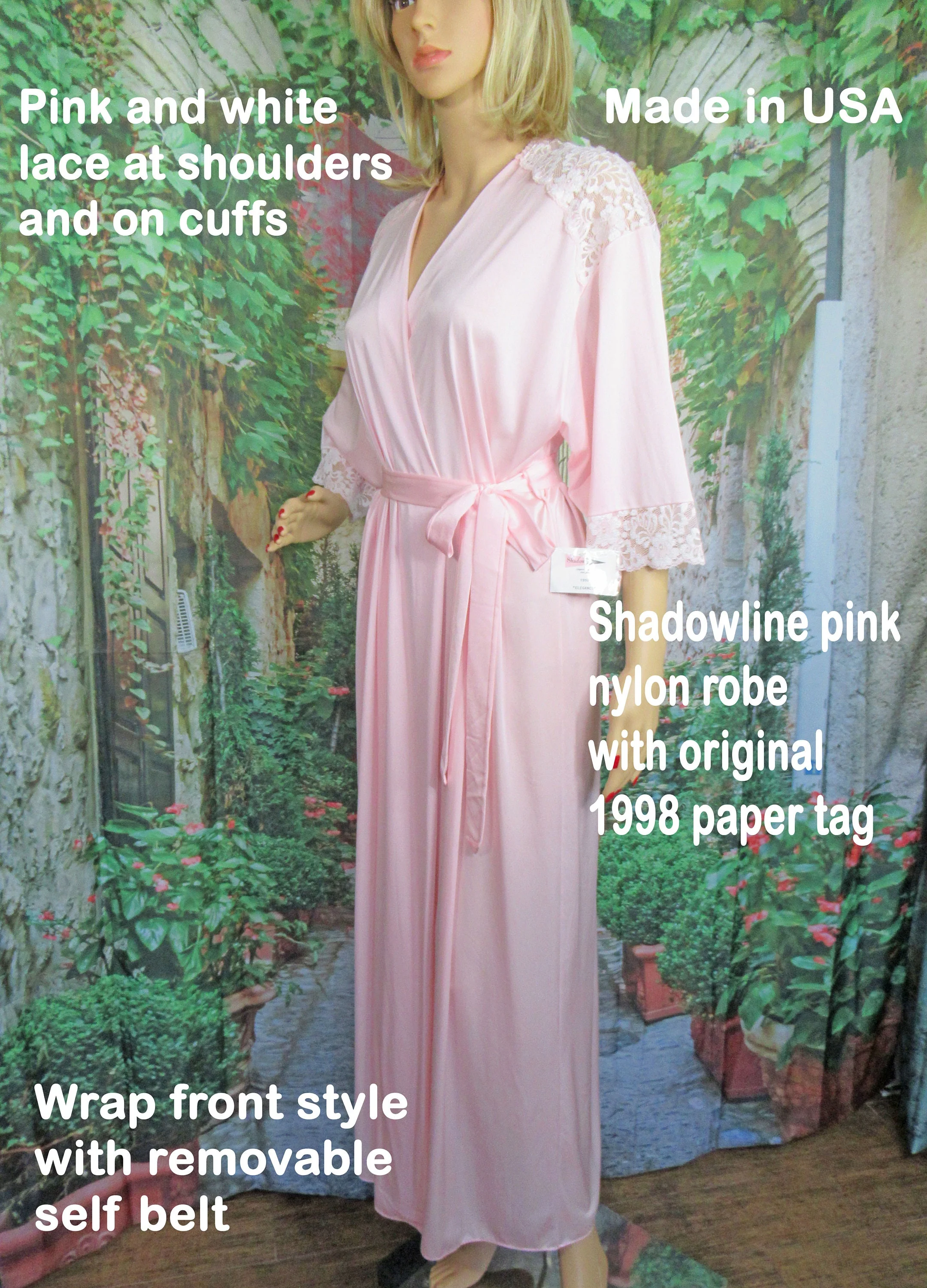 Wrap Front Robe 1998 Pastel Pink Shadowline Nylon Beautiful Floral Lace Shoulders and Cuffs Made Usa by Shadowline - Image 3