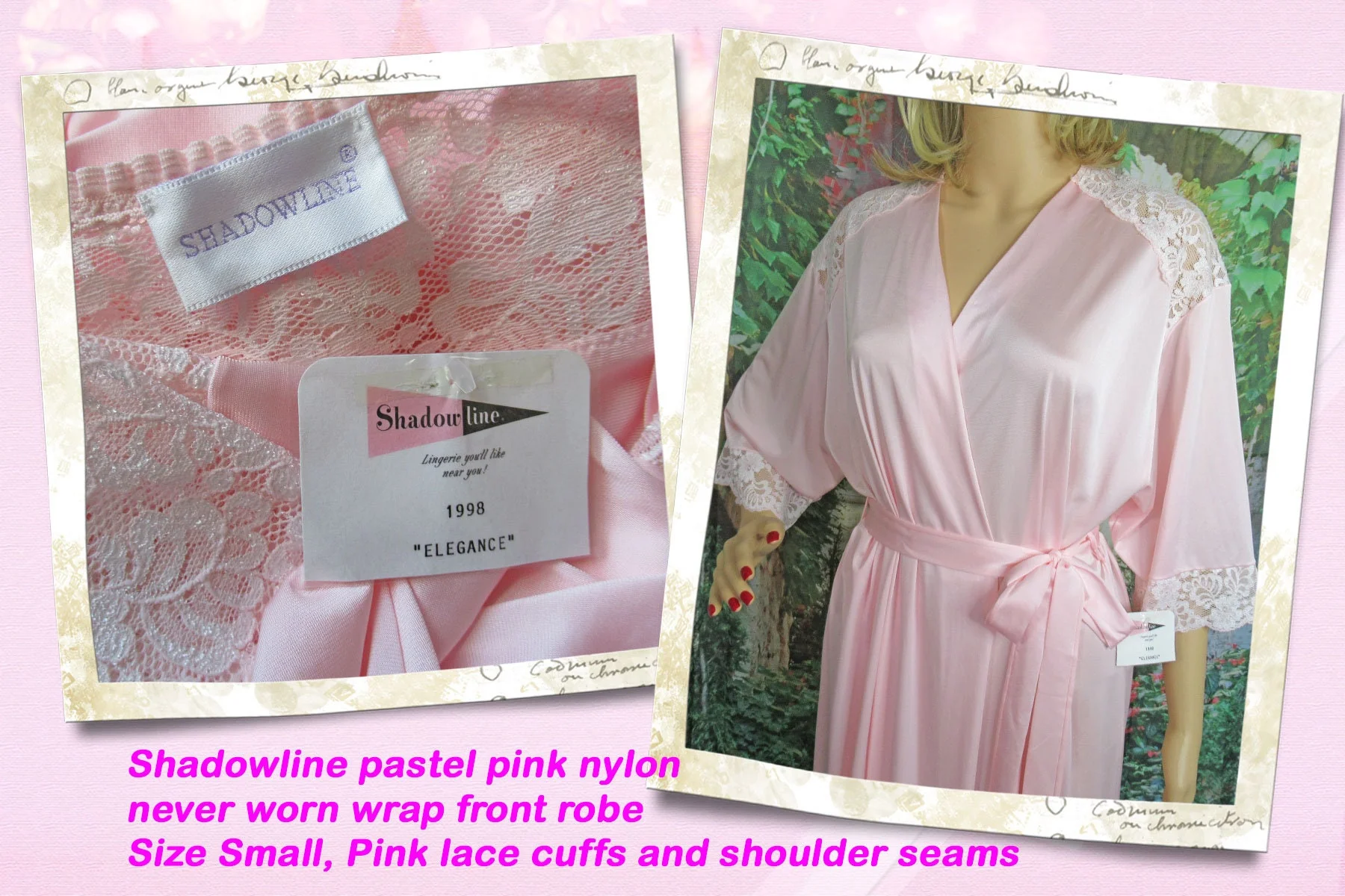 Wrap Front Robe 1998 Pastel Pink Shadowline Nylon Beautiful Floral Lace Shoulders and Cuffs Made Usa by Shadowline - Image 4