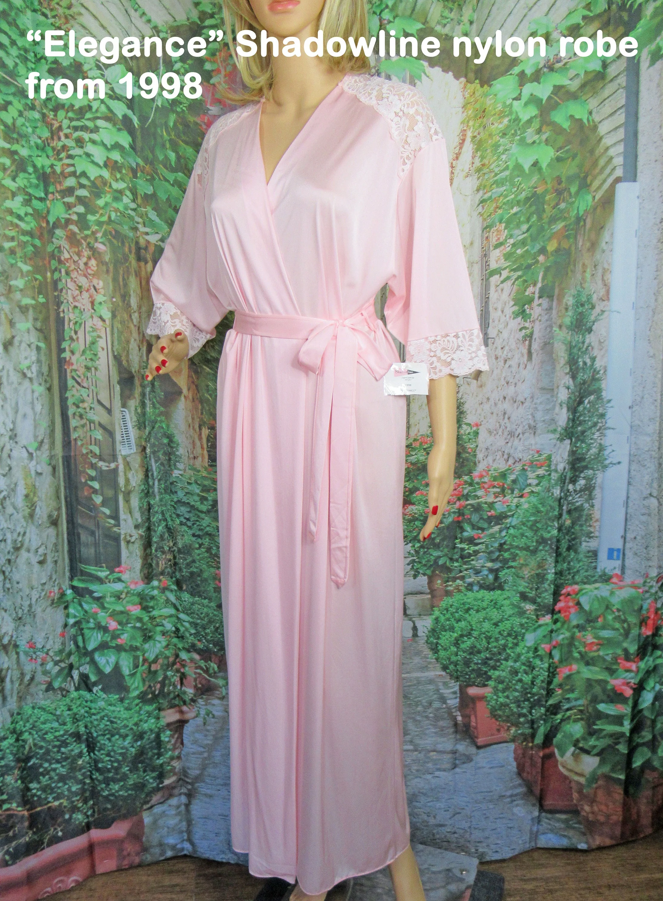 Wrap Front Robe 1998 Pastel Pink Shadowline Nylon Beautiful Floral Lace Shoulders and Cuffs Made Usa by Shadowline - Image 5