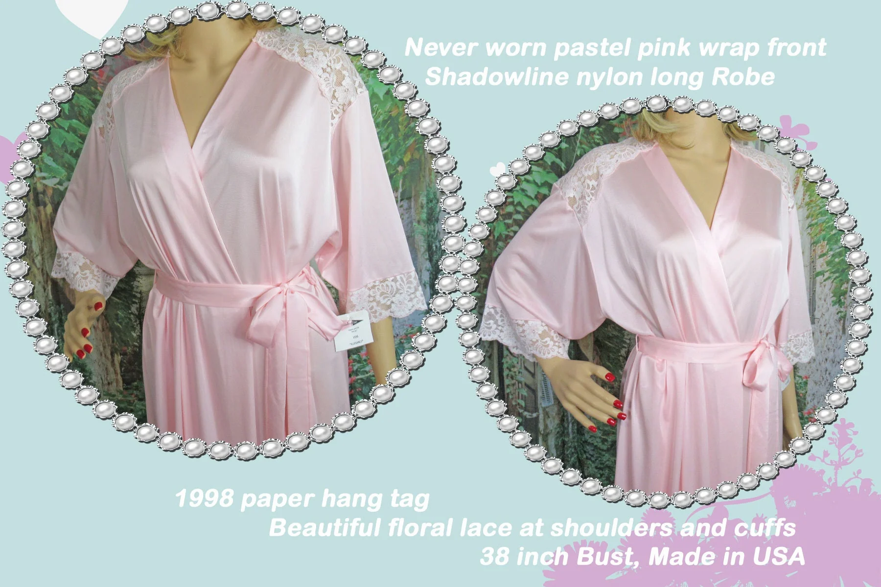 Wrap Front Robe 1998 Pastel Pink Shadowline Nylon Beautiful Floral Lace Shoulders and Cuffs Made Usa by Shadowline - Image 6