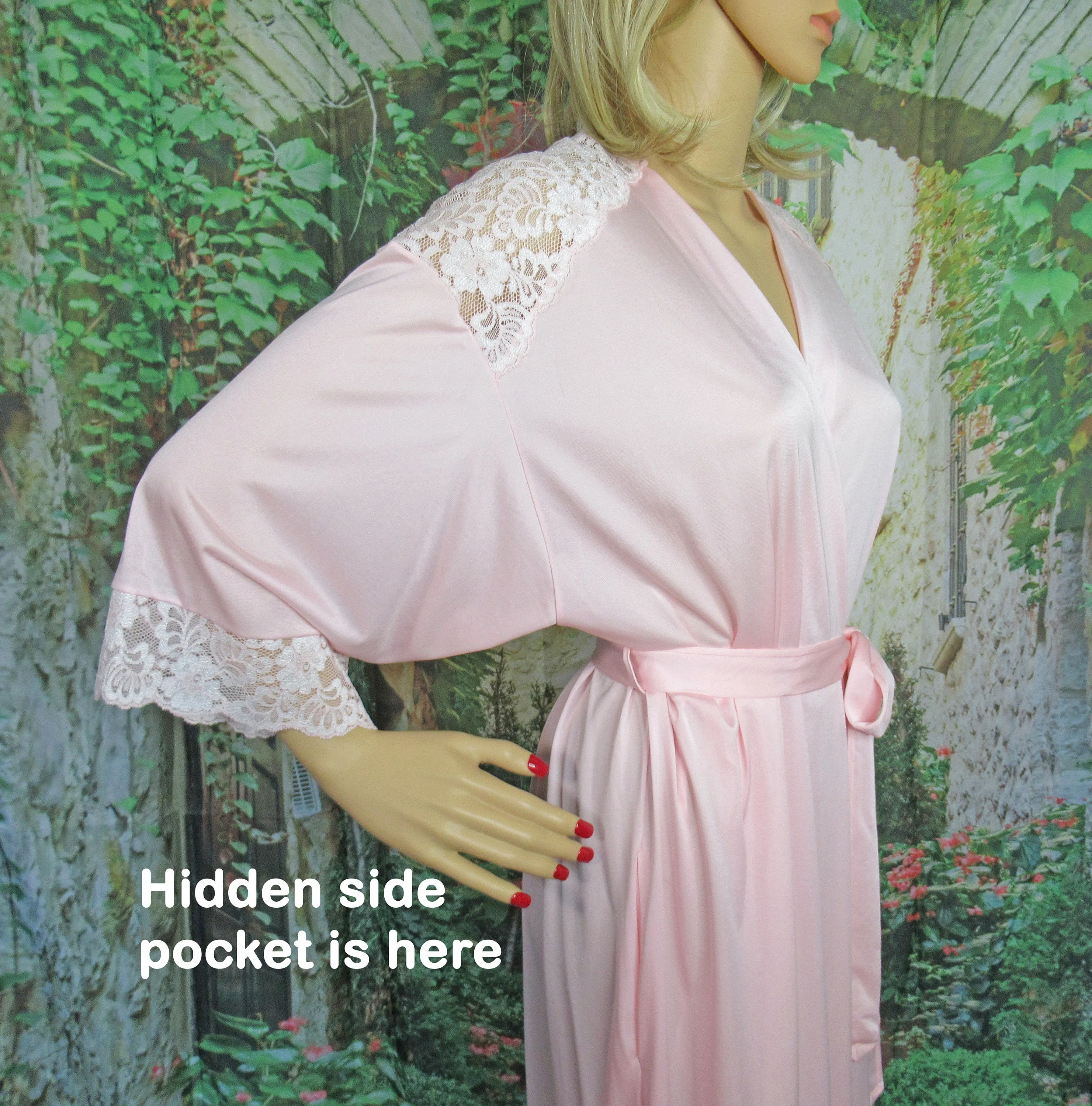 Wrap Front Robe 1998 Pastel Pink Shadowline Nylon Beautiful Floral Lace Shoulders and Cuffs Made Usa by Shadowline - Image 7