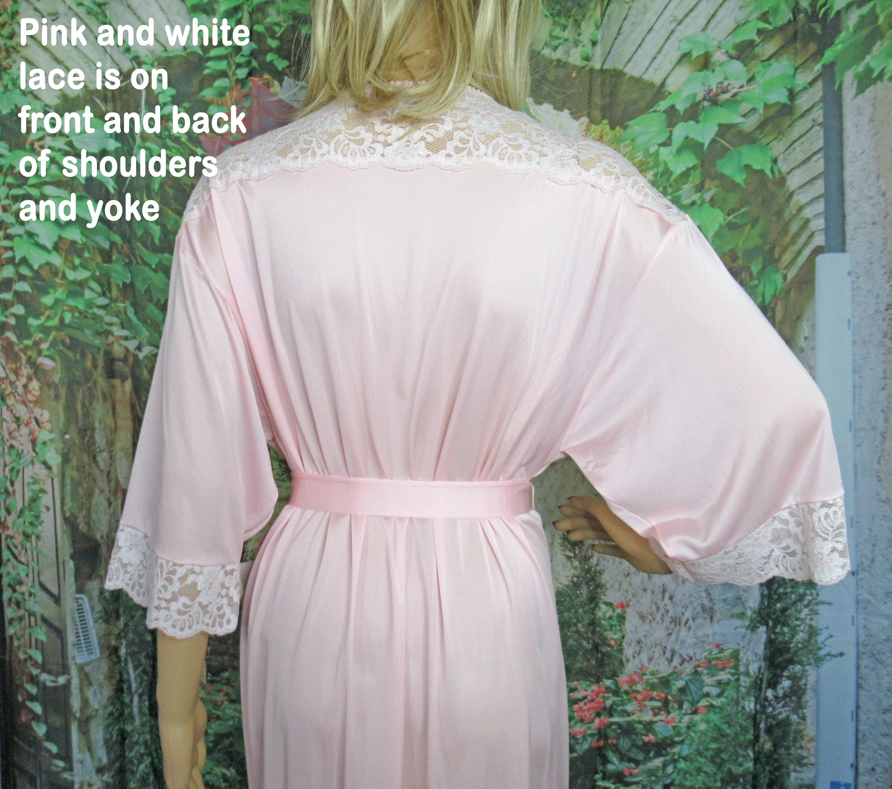 Wrap Front Robe 1998 Pastel Pink Shadowline Nylon Beautiful Floral Lace Shoulders and Cuffs Made Usa by Shadowline - Image 9