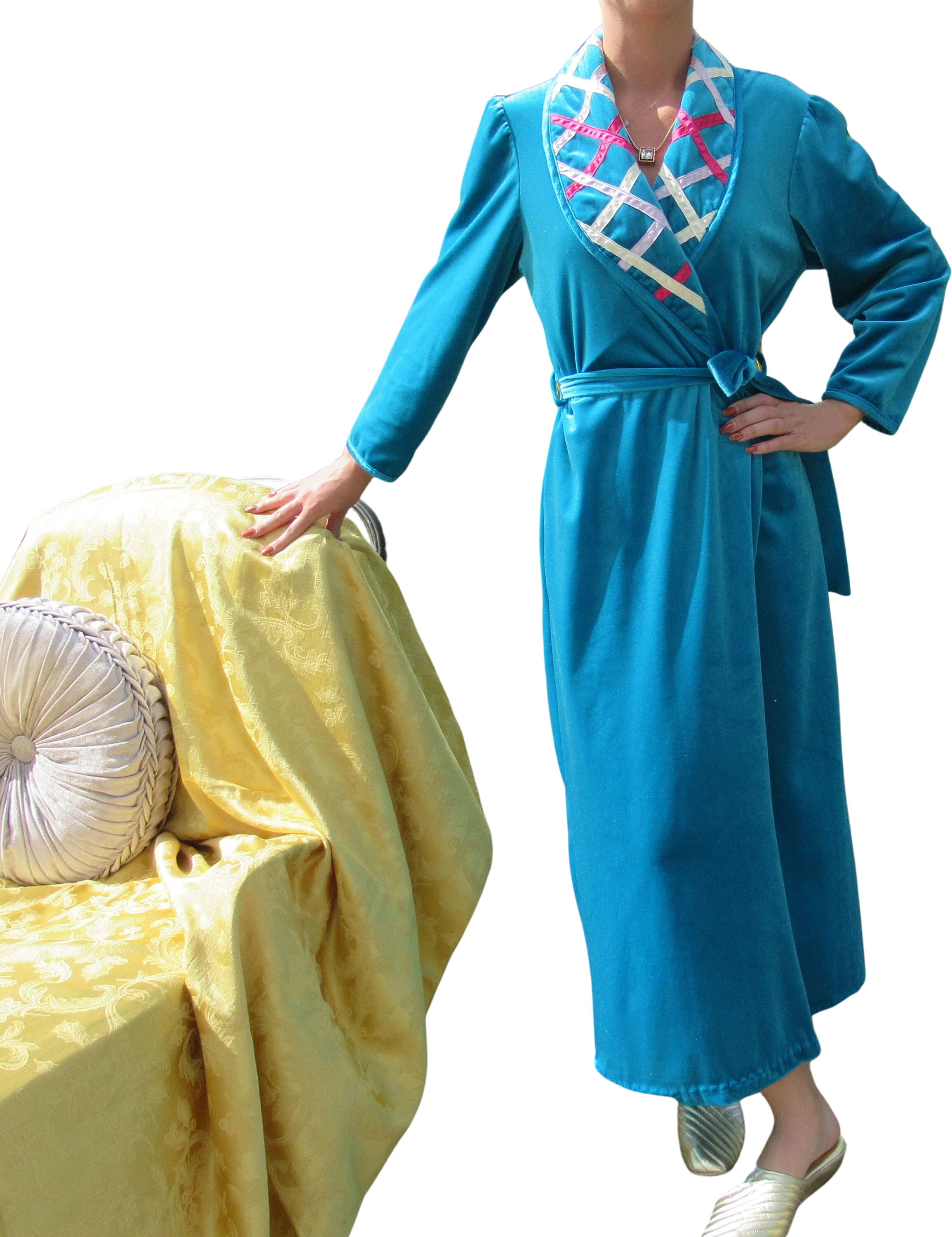 Wrap Front Robe Anne Leslie Long Bright Teal Polyesternylon Long Sleeve Ribbon Trim Collar Self Belt Vintage by Anne Leslie