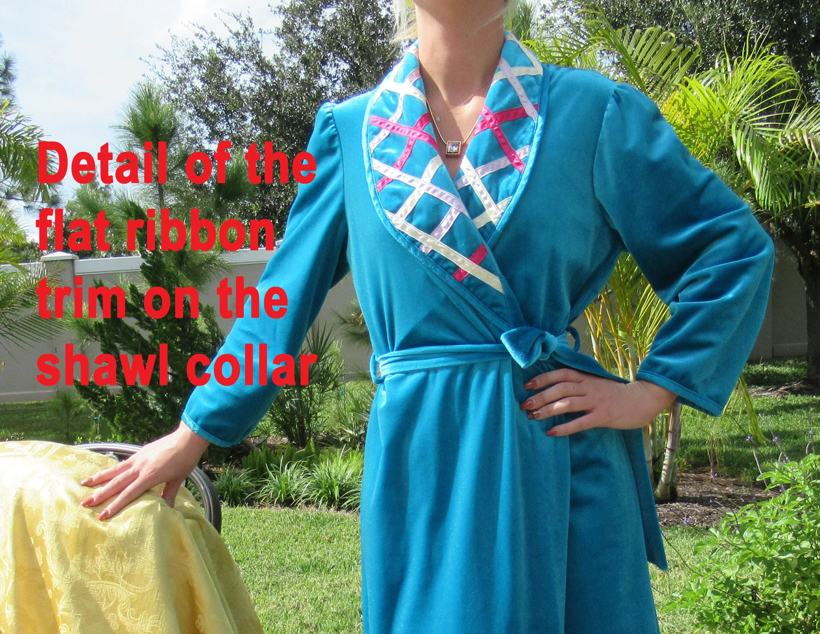 Wrap Front Robe Anne Leslie Long Bright Teal Polyesternylon Long Sleeve Ribbon Trim Collar Self Belt Vintage by Anne Leslie - Image 2