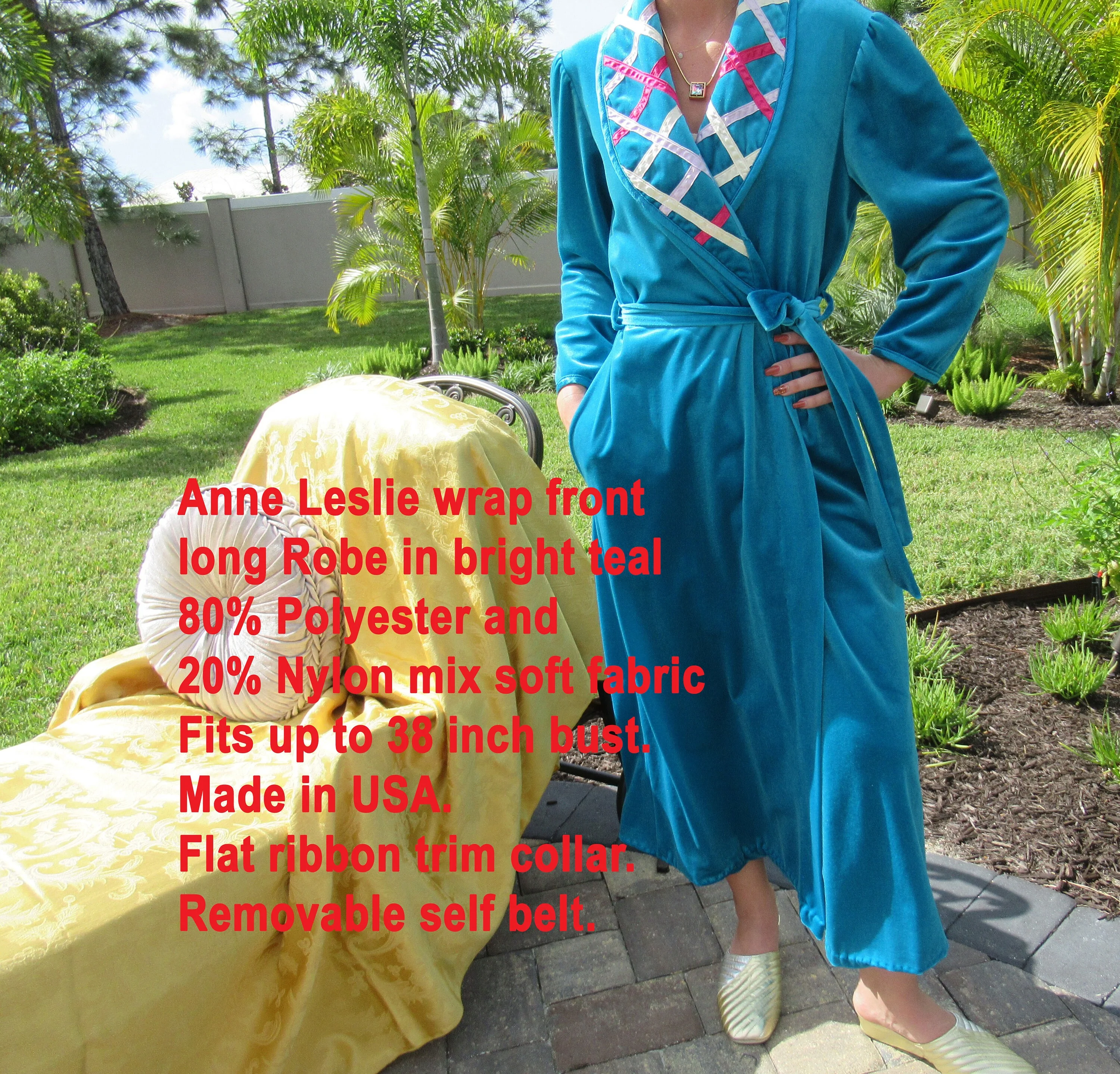 Wrap Front Robe Anne Leslie Long Bright Teal Polyesternylon Long Sleeve Ribbon Trim Collar Self Belt Vintage by Anne Leslie - Image 3