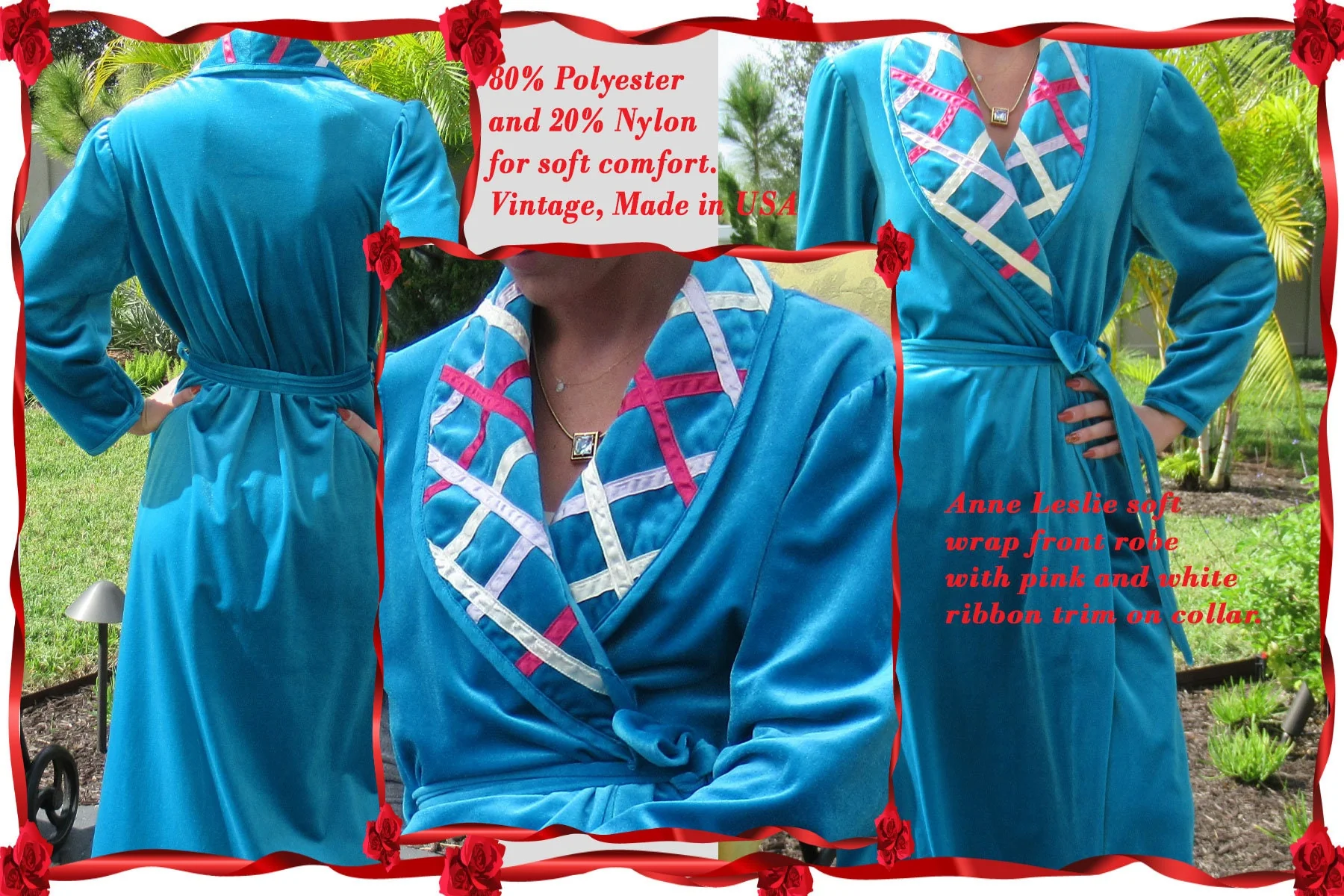 Wrap Front Robe Anne Leslie Long Bright Teal Polyesternylon Long Sleeve Ribbon Trim Collar Self Belt Vintage by Anne Leslie - Image 6