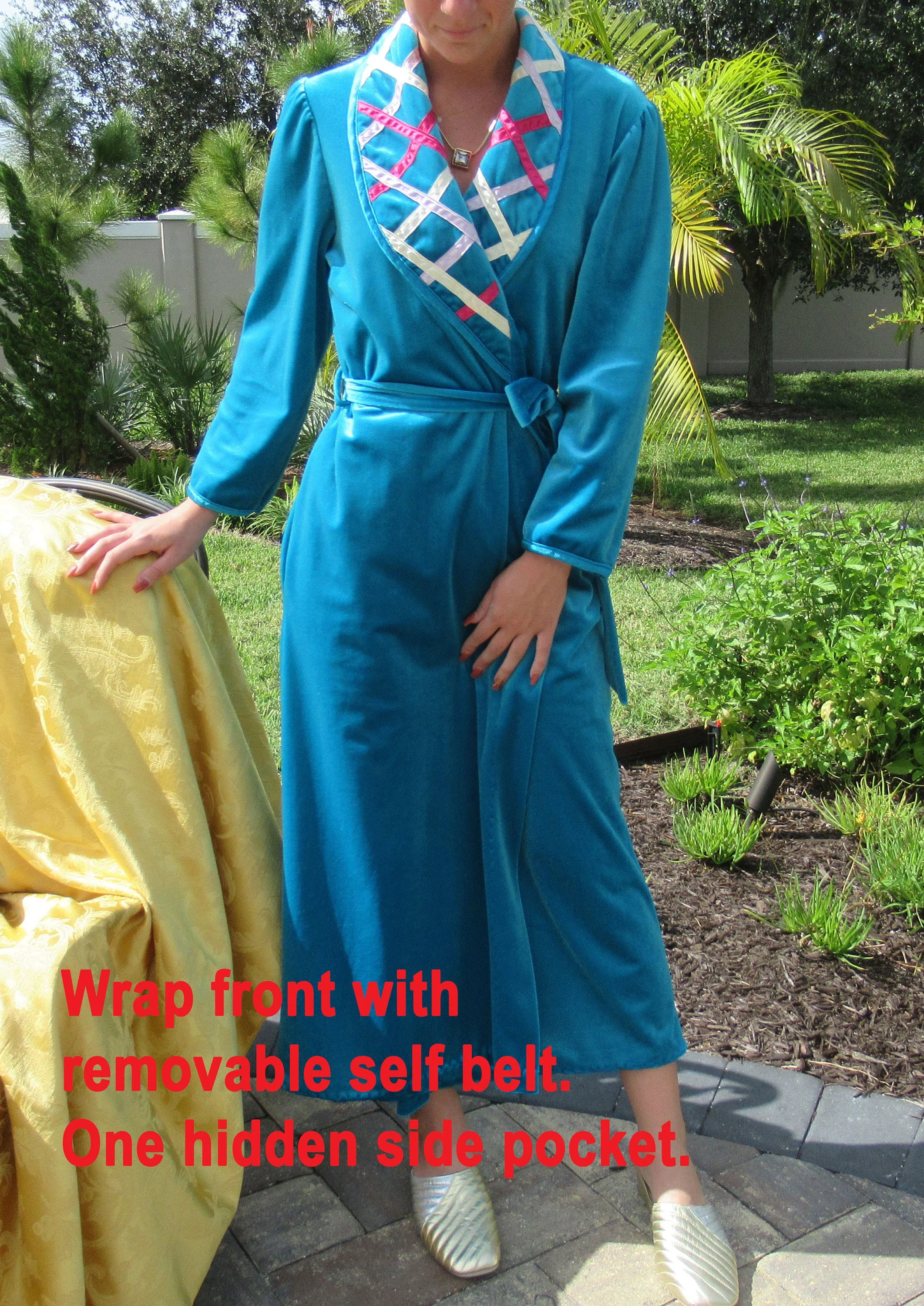 Wrap Front Robe Anne Leslie Long Bright Teal Polyesternylon Long Sleeve Ribbon Trim Collar Self Belt Vintage by Anne Leslie - Image 8
