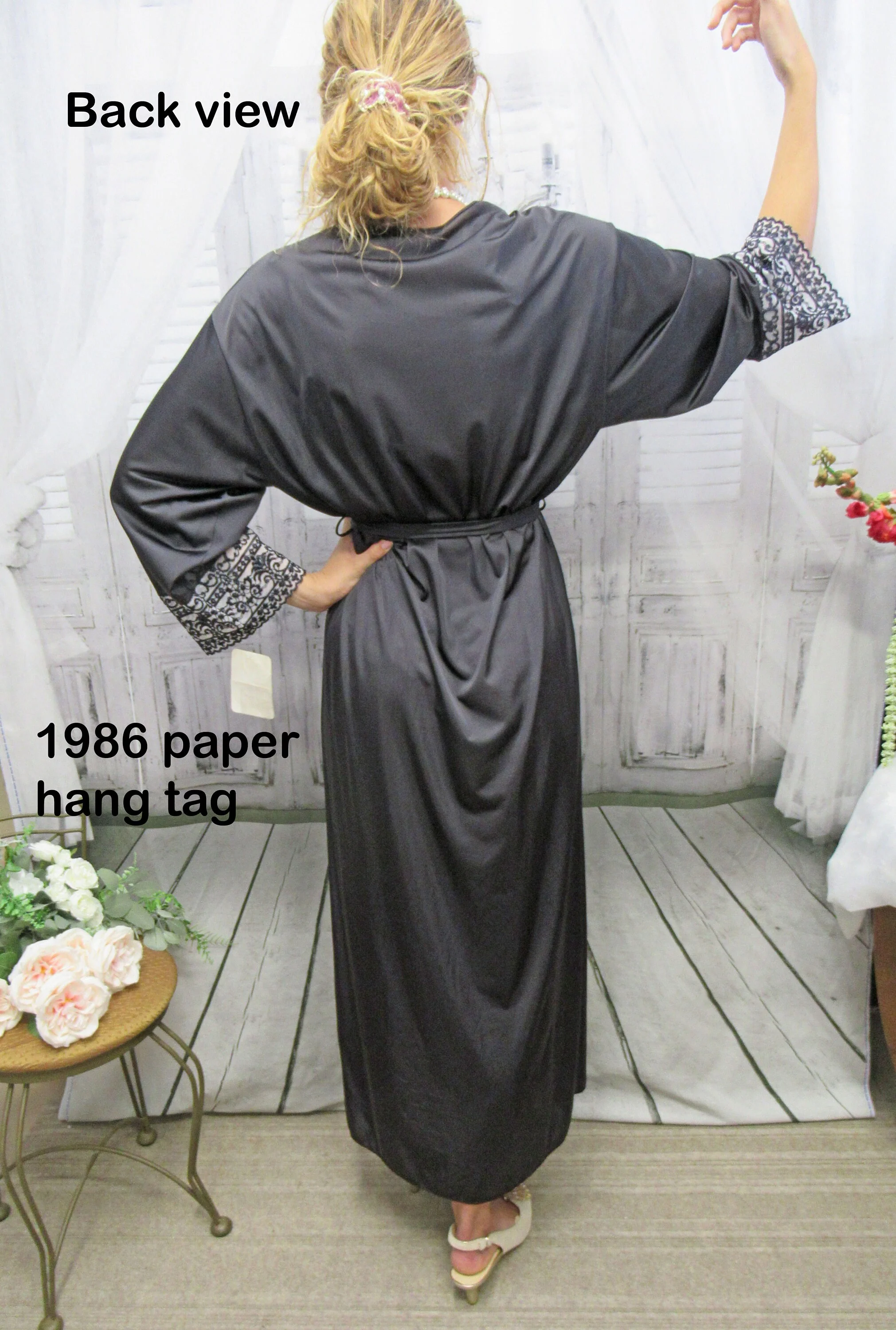 Wrap Front Robe Shadowline Black Nylon Long White and Black Lace Original Removable Belt by Shadowline - Image 10