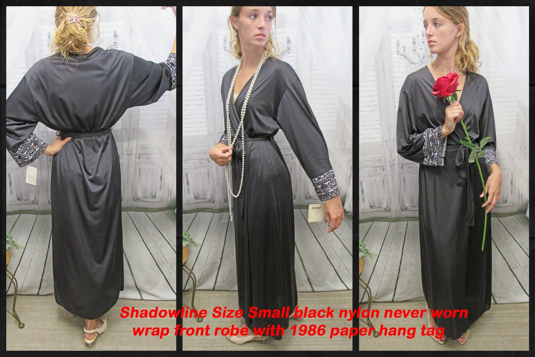 Wrap Front Robe Shadowline Black Nylon Long White and Black Lace Original Removable Belt by Shadowline - Image 2