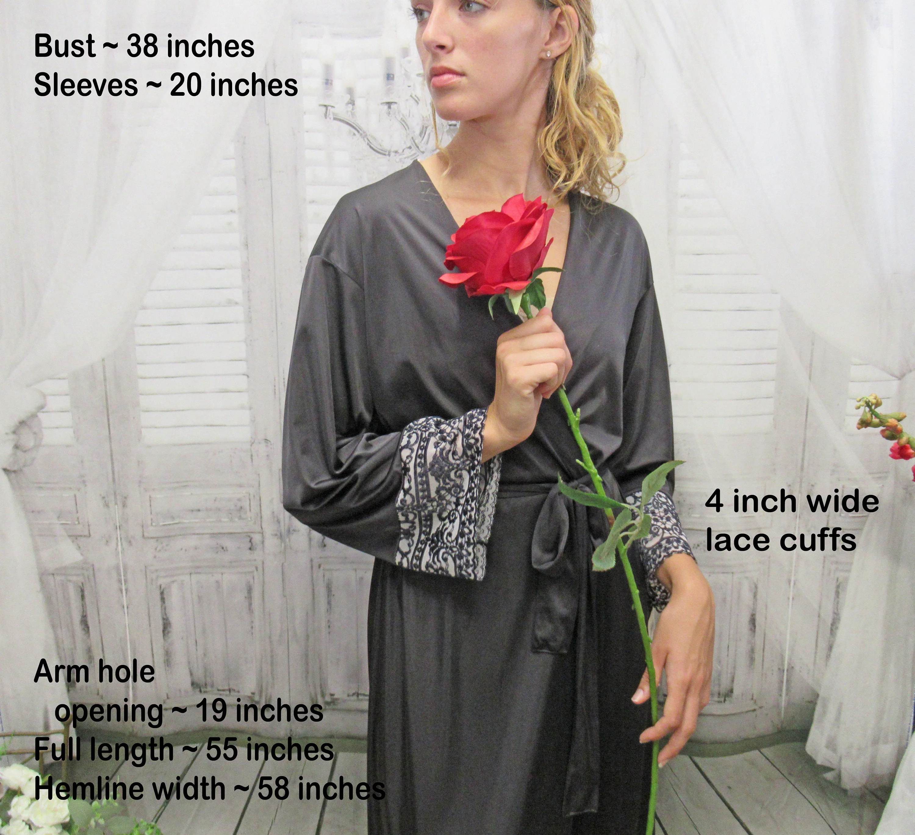 Wrap Front Robe Shadowline Black Nylon Long White and Black Lace Original Removable Belt by Shadowline - Image 3