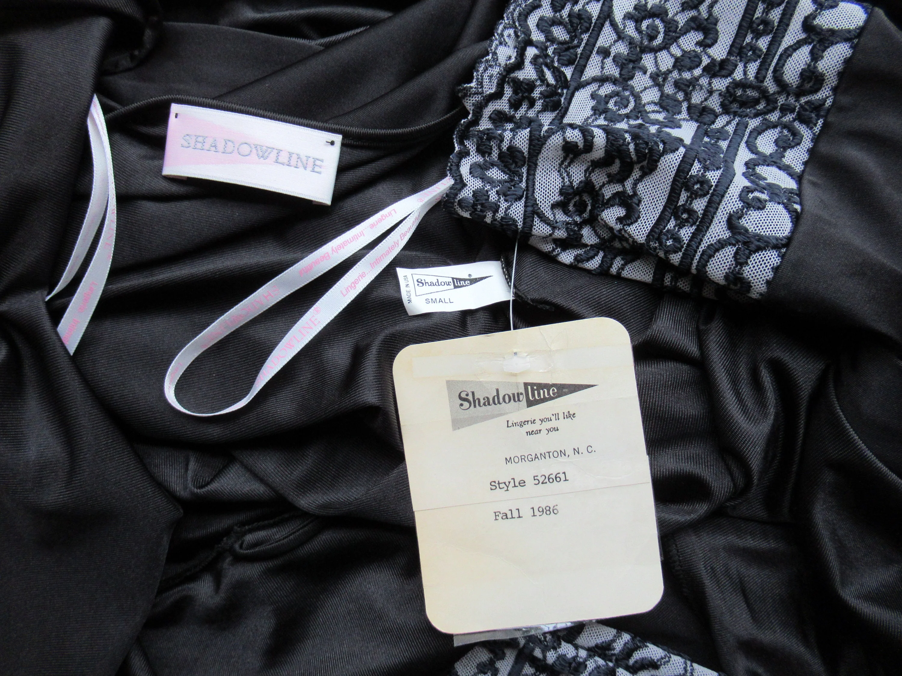 Wrap Front Robe Shadowline Black Nylon Long White and Black Lace Original Removable Belt by Shadowline - Image 4