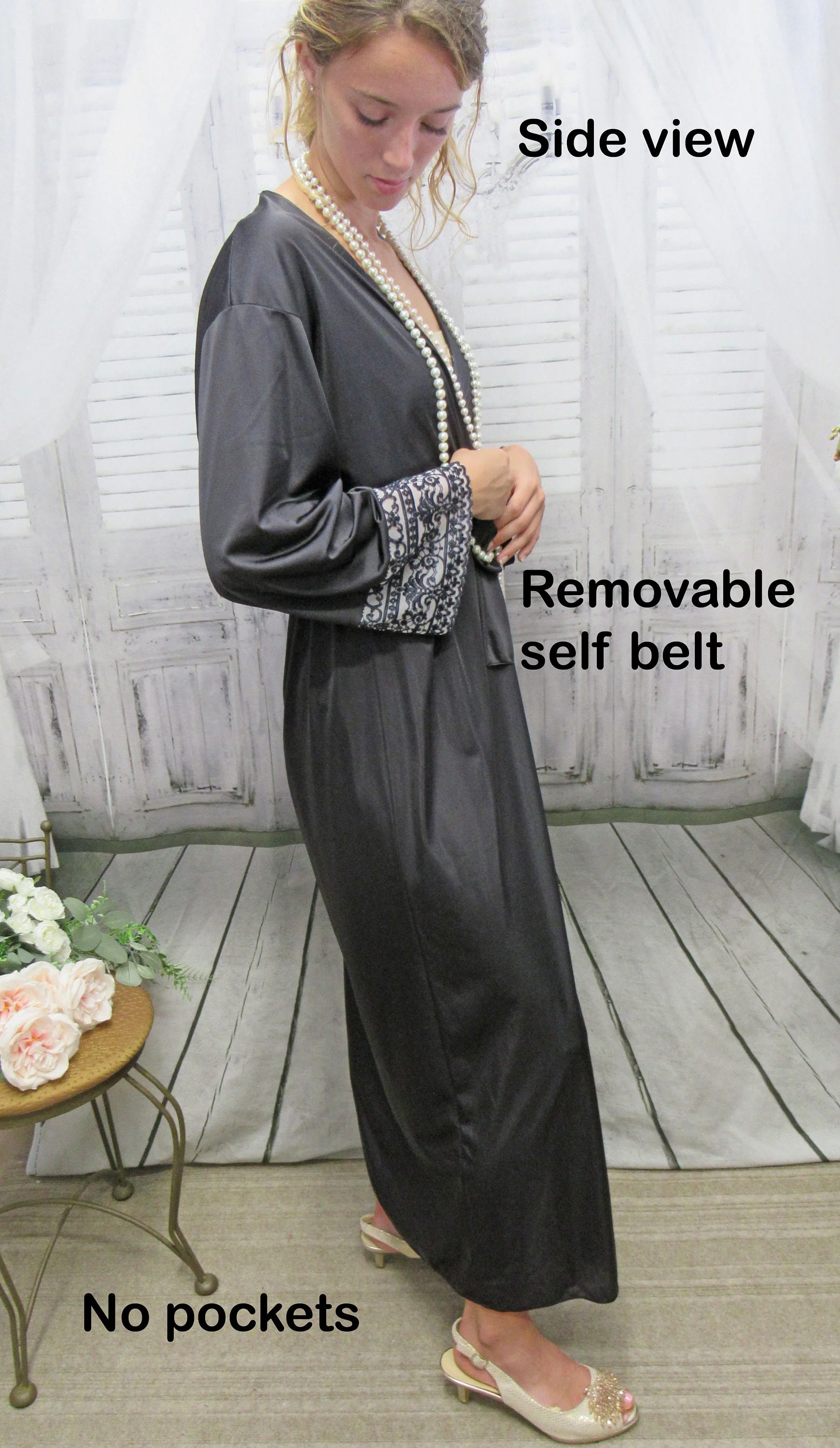 Wrap Front Robe Shadowline Black Nylon Long White and Black Lace Original Removable Belt by Shadowline - Image 5