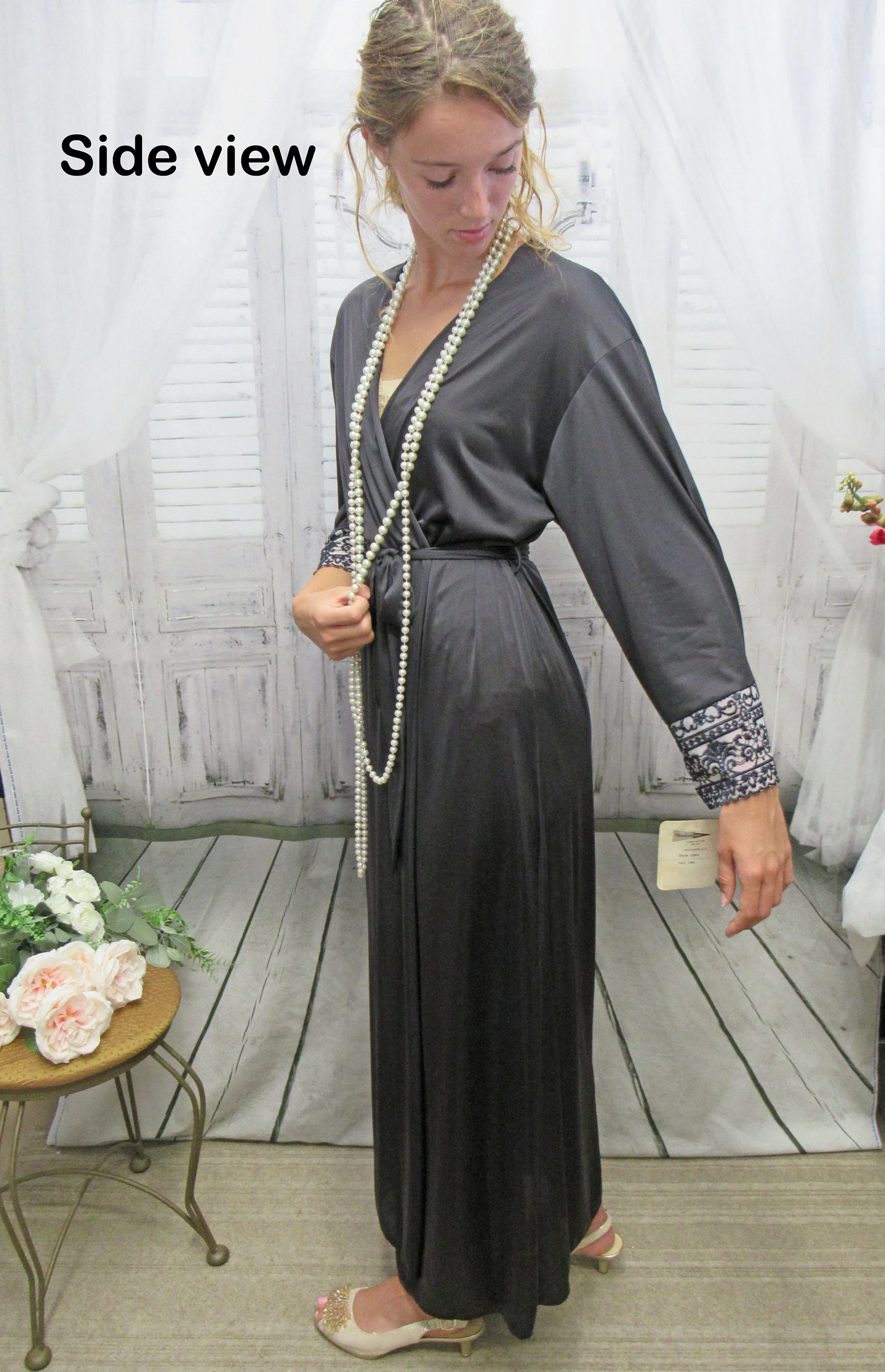 Wrap Front Robe Shadowline Black Nylon Long White and Black Lace Original Removable Belt by Shadowline - Image 6