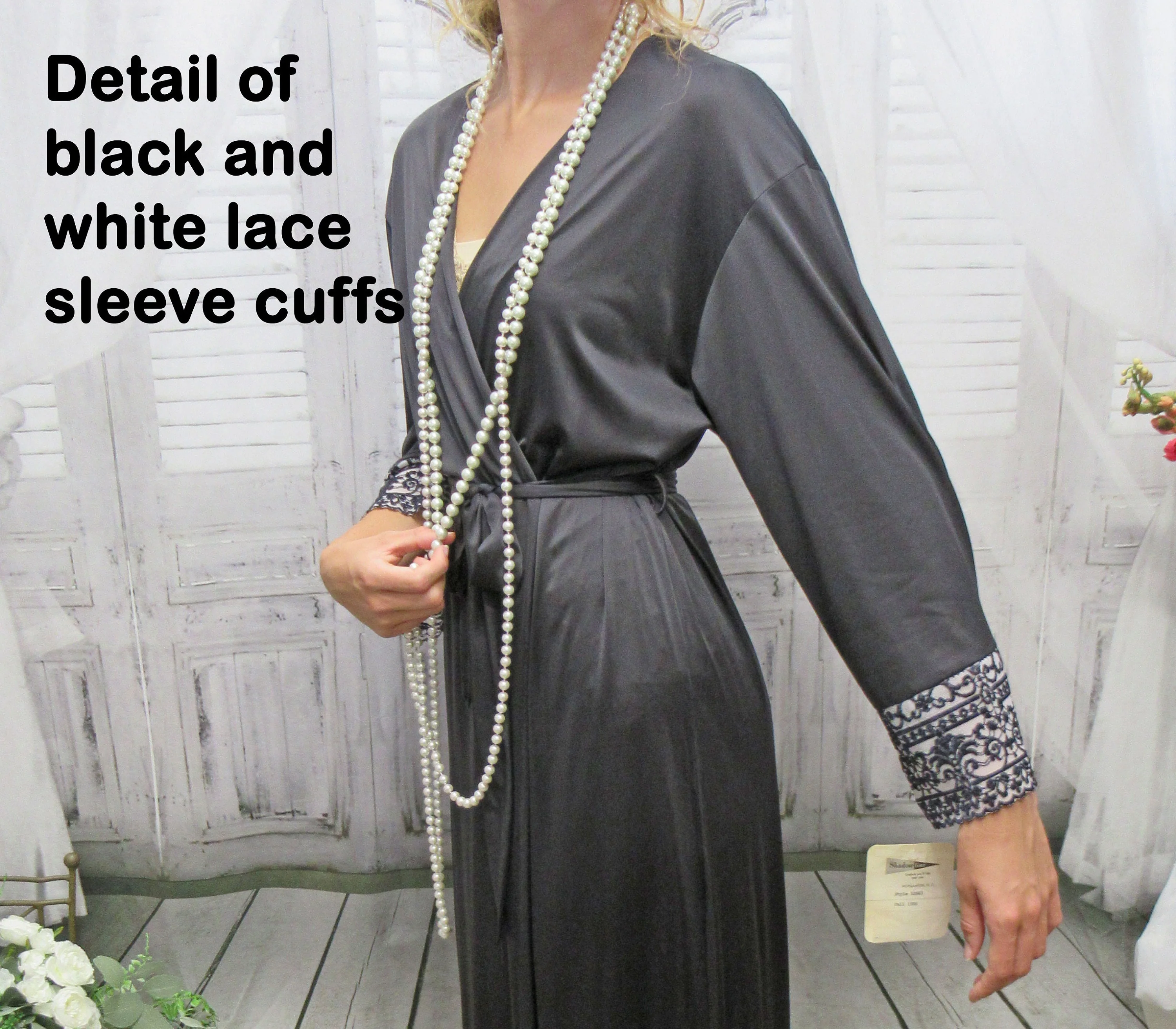 Wrap Front Robe Shadowline Black Nylon Long White and Black Lace Original Removable Belt by Shadowline - Image 7