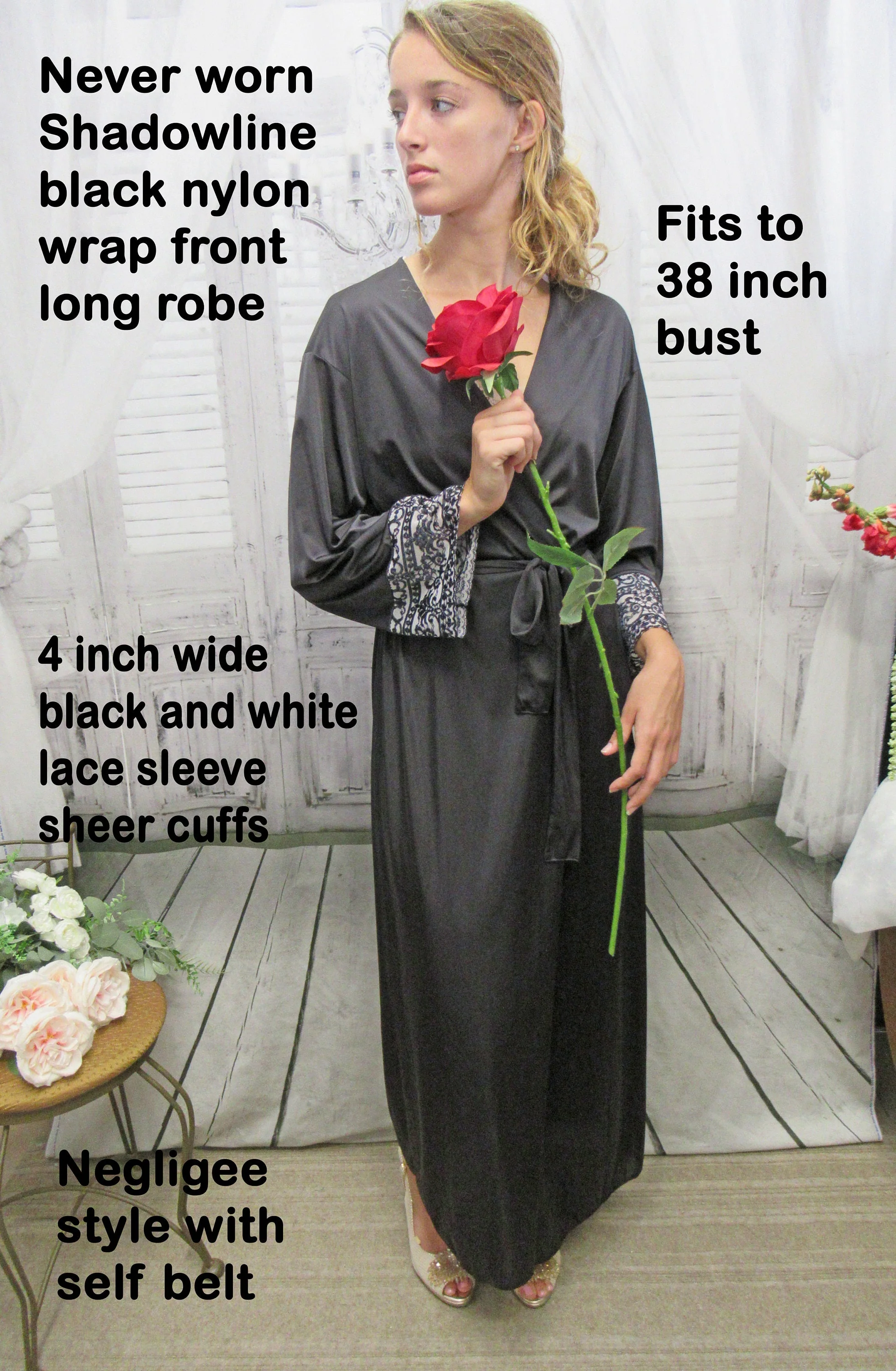 Wrap Front Robe Shadowline Black Nylon Long White and Black Lace Original Removable Belt by Shadowline - Image 8