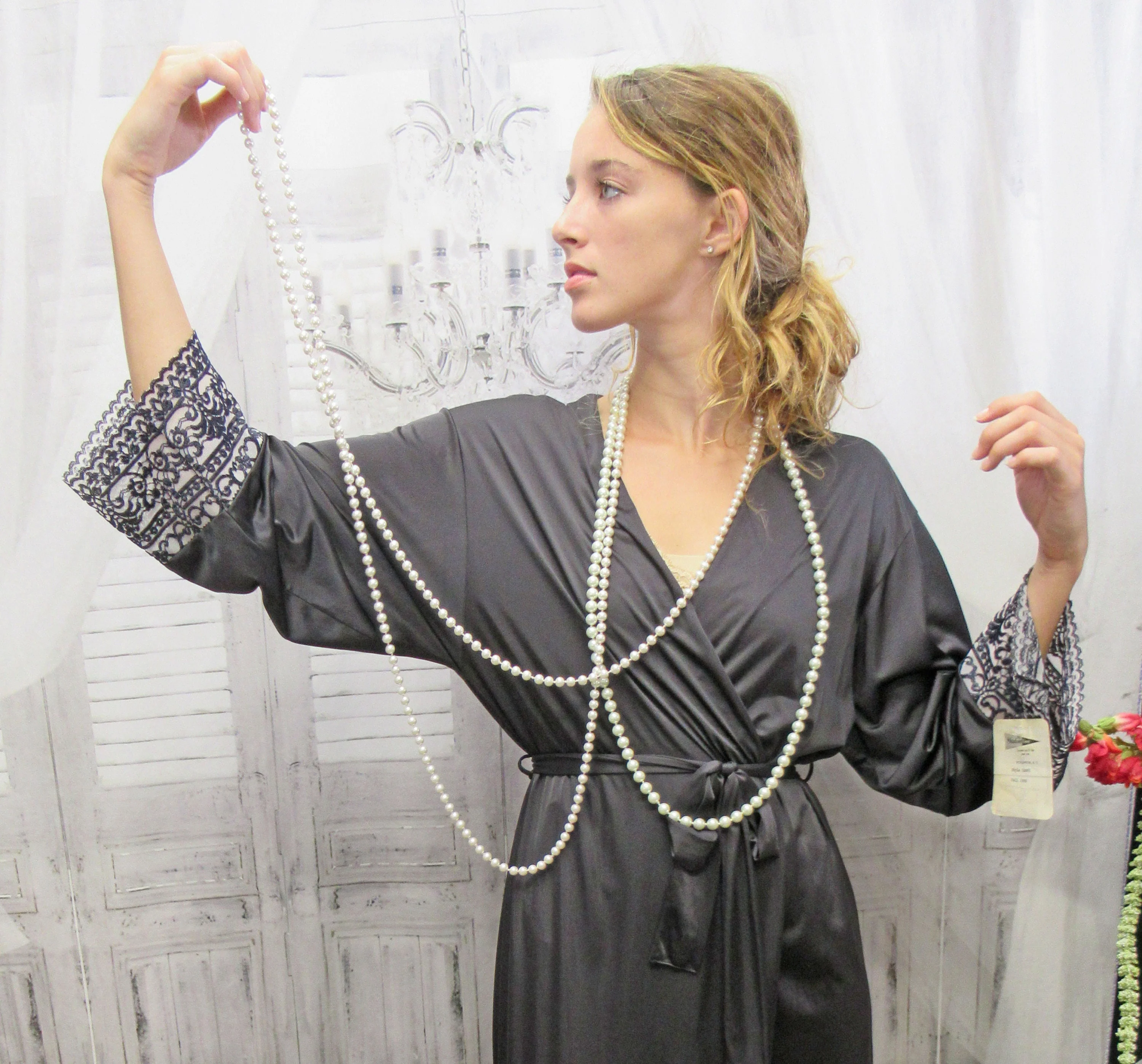 Wrap Front Robe Shadowline Black Nylon Long White and Black Lace Original Removable Belt by Shadowline - Image 9