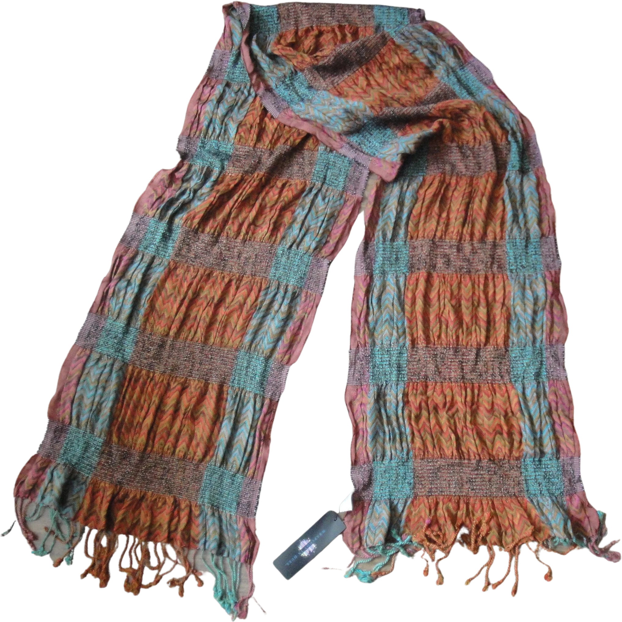 Wrap Oblong Scarf Cinched Chevron Tapestry W Original Made India Stretch Teal Rust Gold Easy Wear