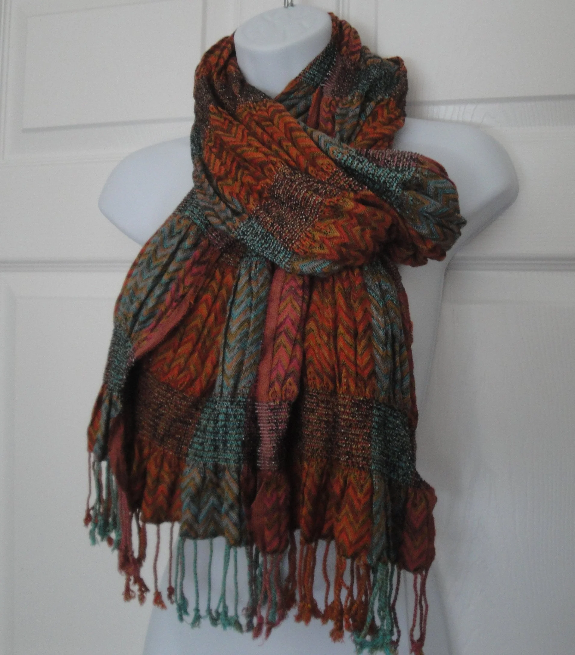Wrap Oblong Scarf Cinched Chevron Tapestry W Original Made India Stretch Teal Rust Gold Easy Wear - Image 3