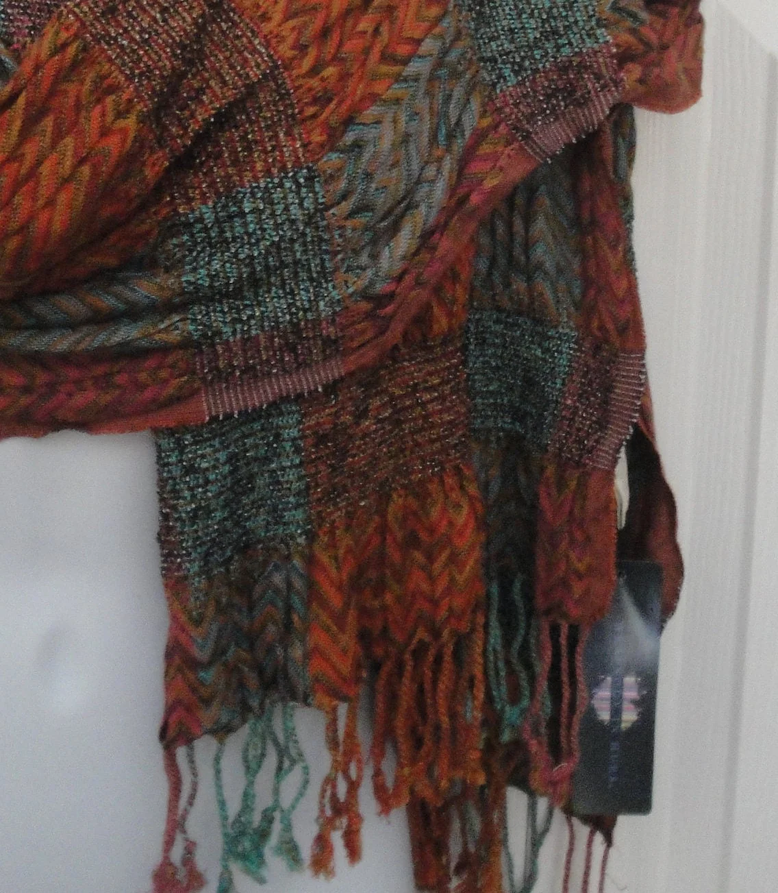 Wrap Oblong Scarf Cinched Chevron Tapestry W Original Made India Stretch Teal Rust Gold Easy Wear - Image 4