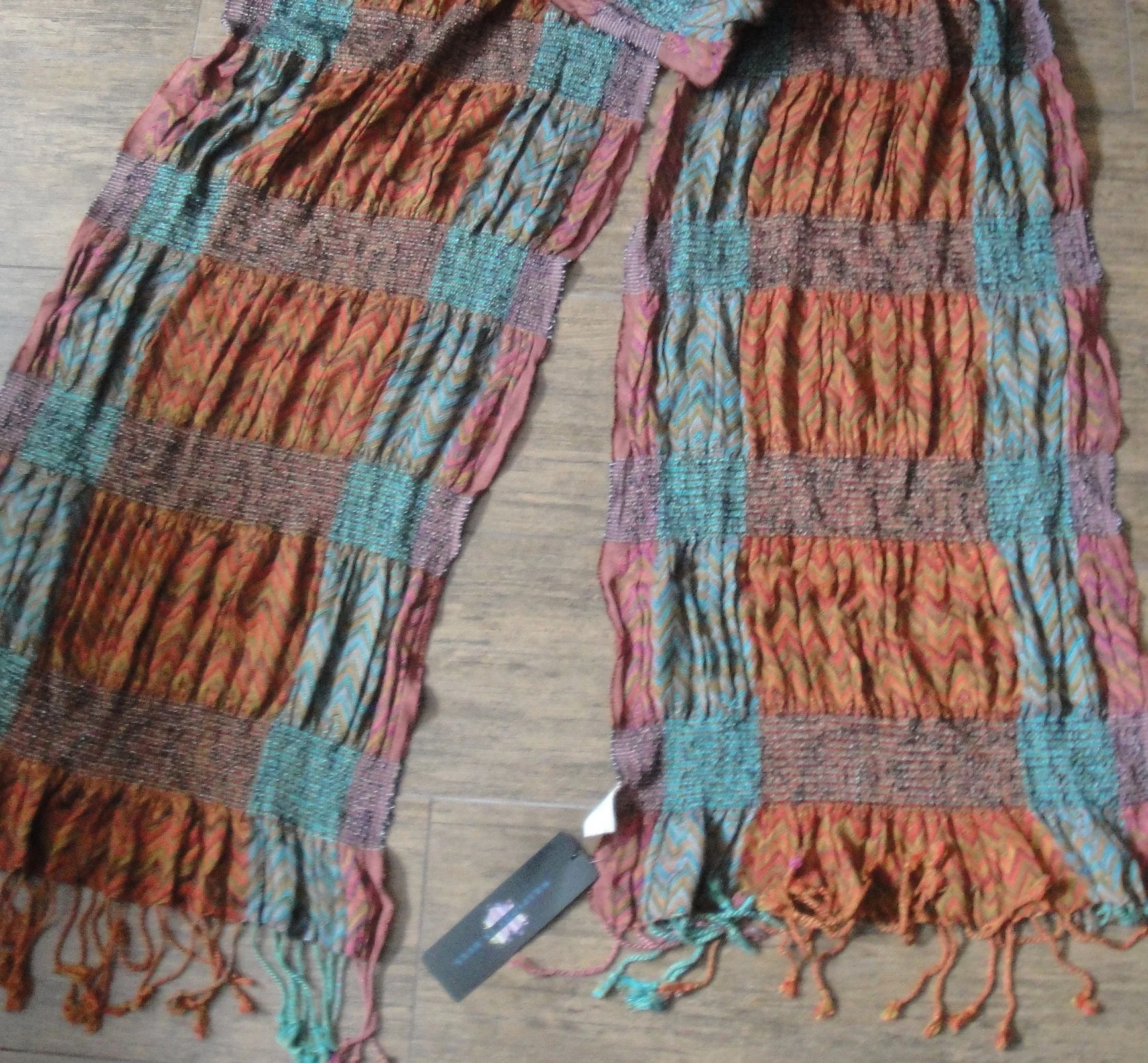 Wrap Oblong Scarf Cinched Chevron Tapestry W Original Made India Stretch Teal Rust Gold Easy Wear - Image 8