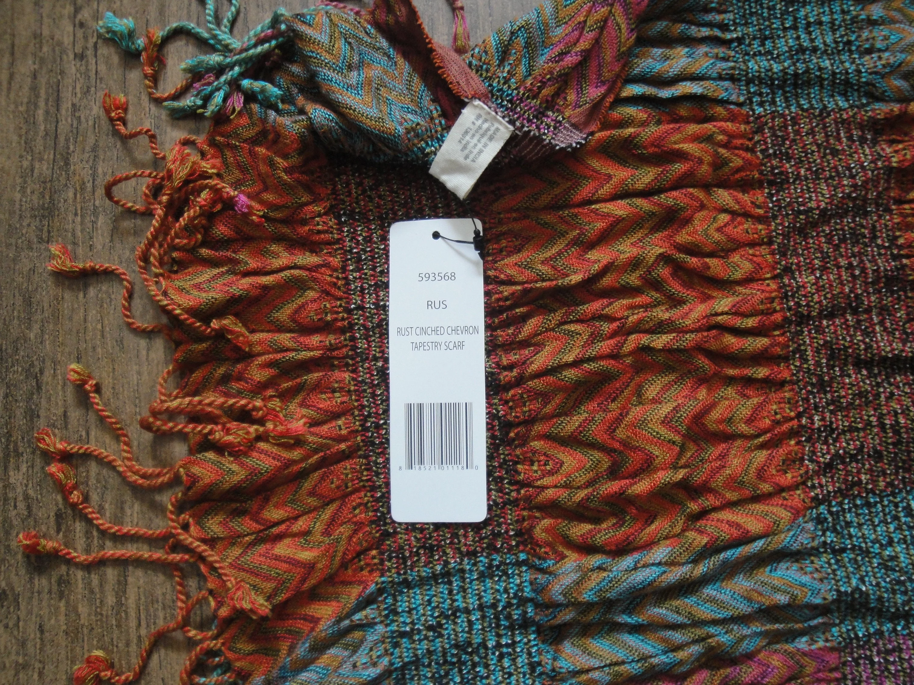 Wrap Oblong Scarf Cinched Chevron Tapestry W Original Made India Stretch Teal Rust Gold Easy Wear - Image 9