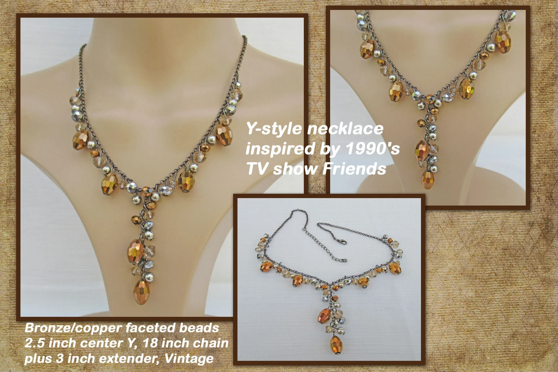 Y-Style Necklace Inspired by 90s Tv Show Friends Bronze Copper Faceted Beads - Image 2