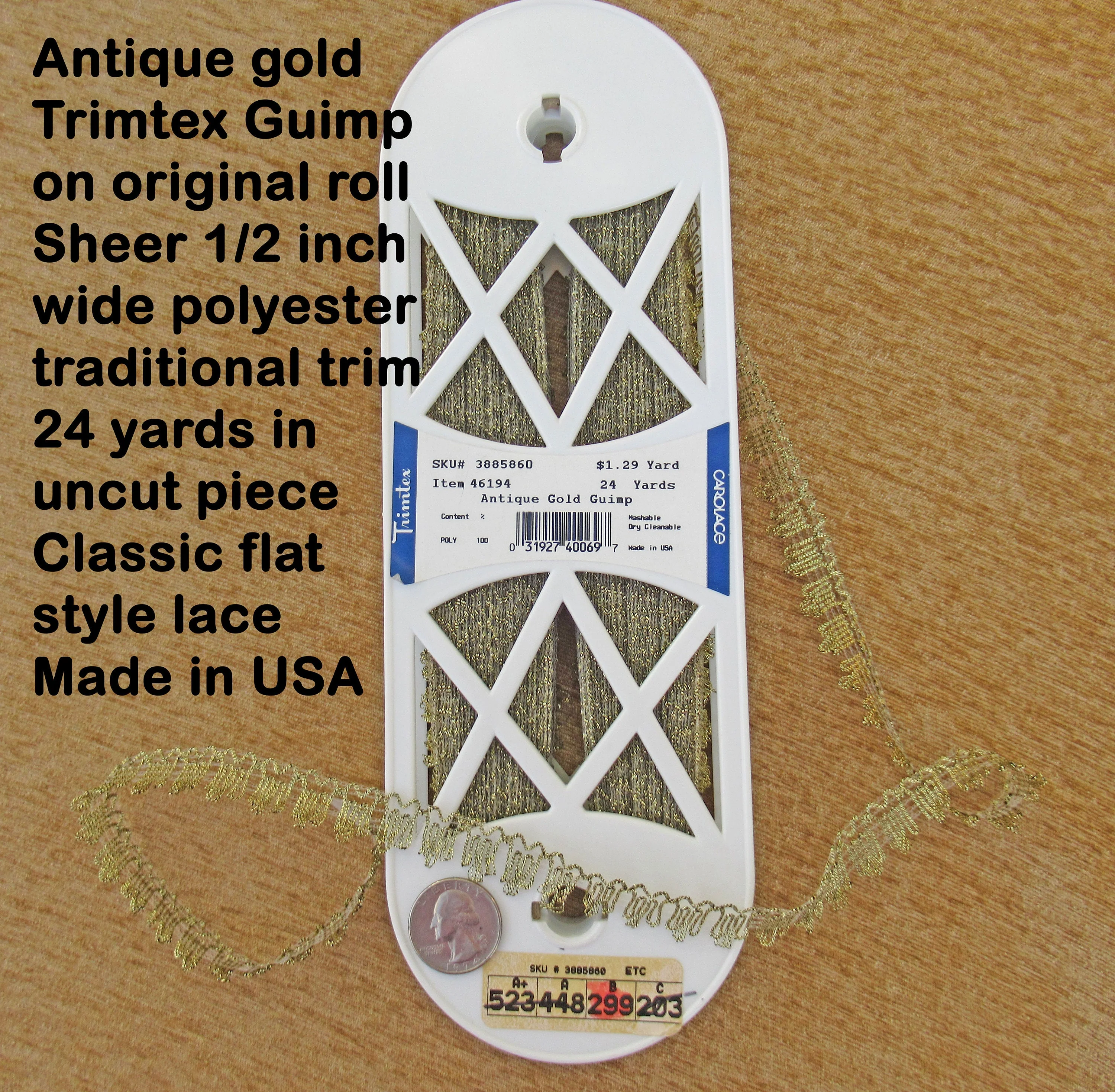 Yards of Antique Gold Trimtex Guimp On Original Roll Sheer Wide Polyester Trim Uncut Piece Classic Flat Style Lace - Image 2