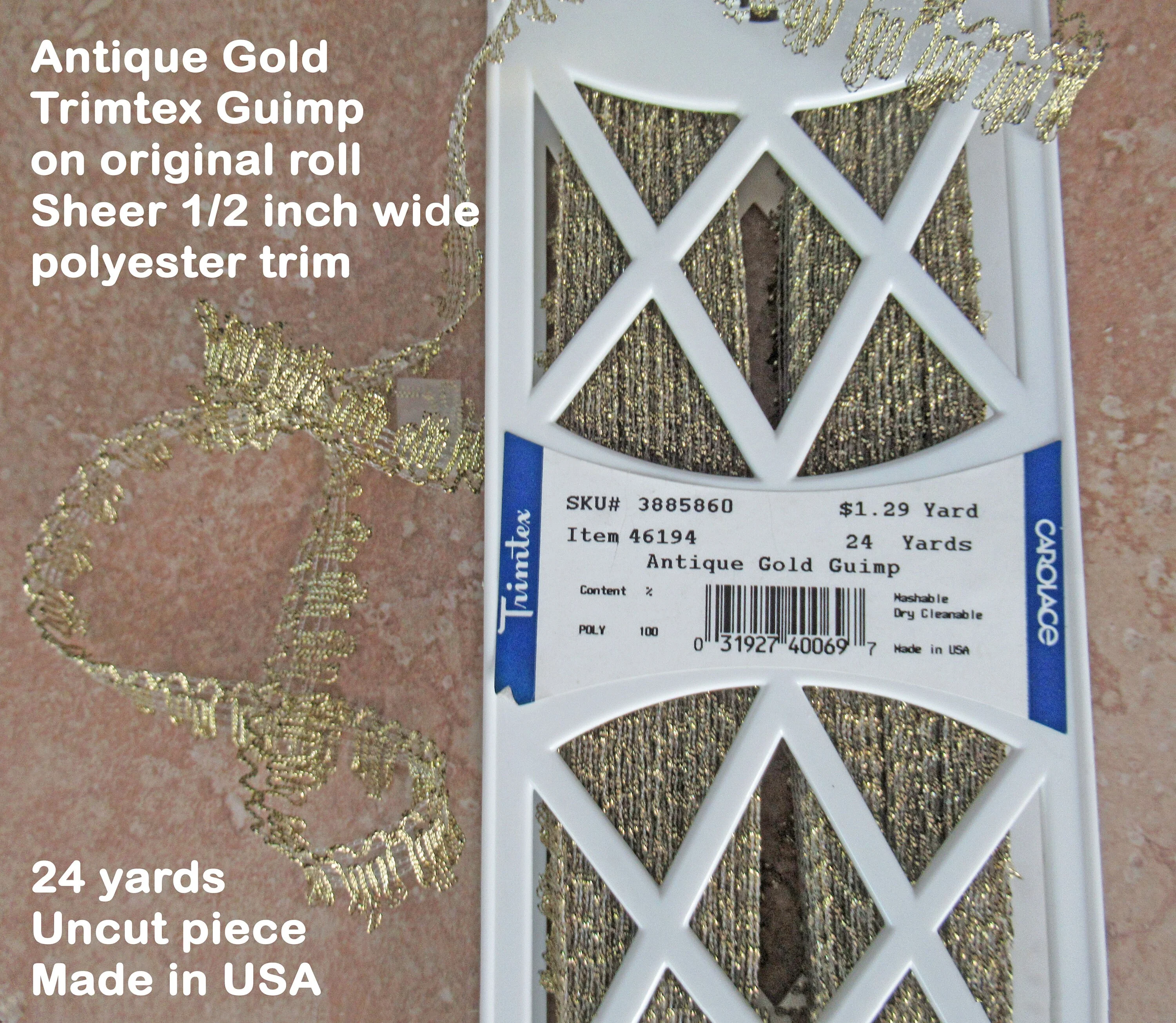 Yards of Antique Gold Trimtex Guimp On Original Roll Sheer Wide Polyester Trim Uncut Piece Classic Flat Style Lace - Image 6