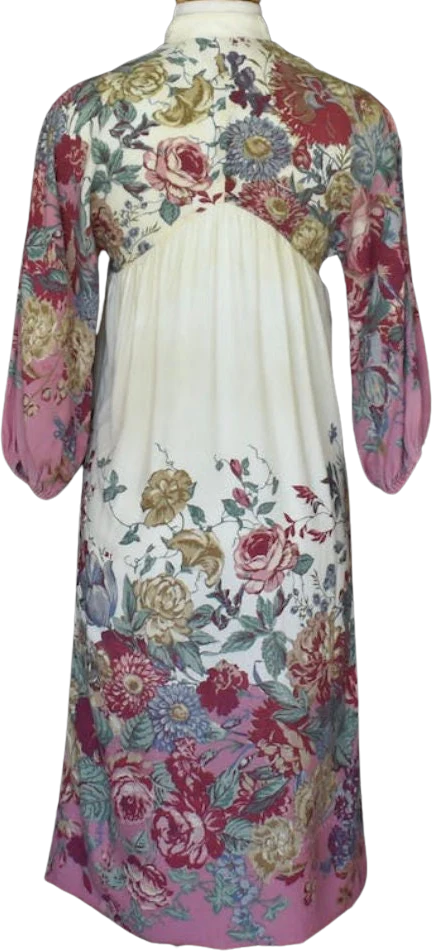 Young Edwardian 70s Yoke Neck Mauve and White Romantic Midi Dress with Purple Roses by Young Edwardian by Arpeja