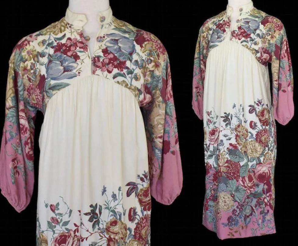 Young Edwardian 70s Yoke Neck Mauve and White Romantic Midi Dress with Purple Roses by Young Edwardian by Arpeja - Image 2